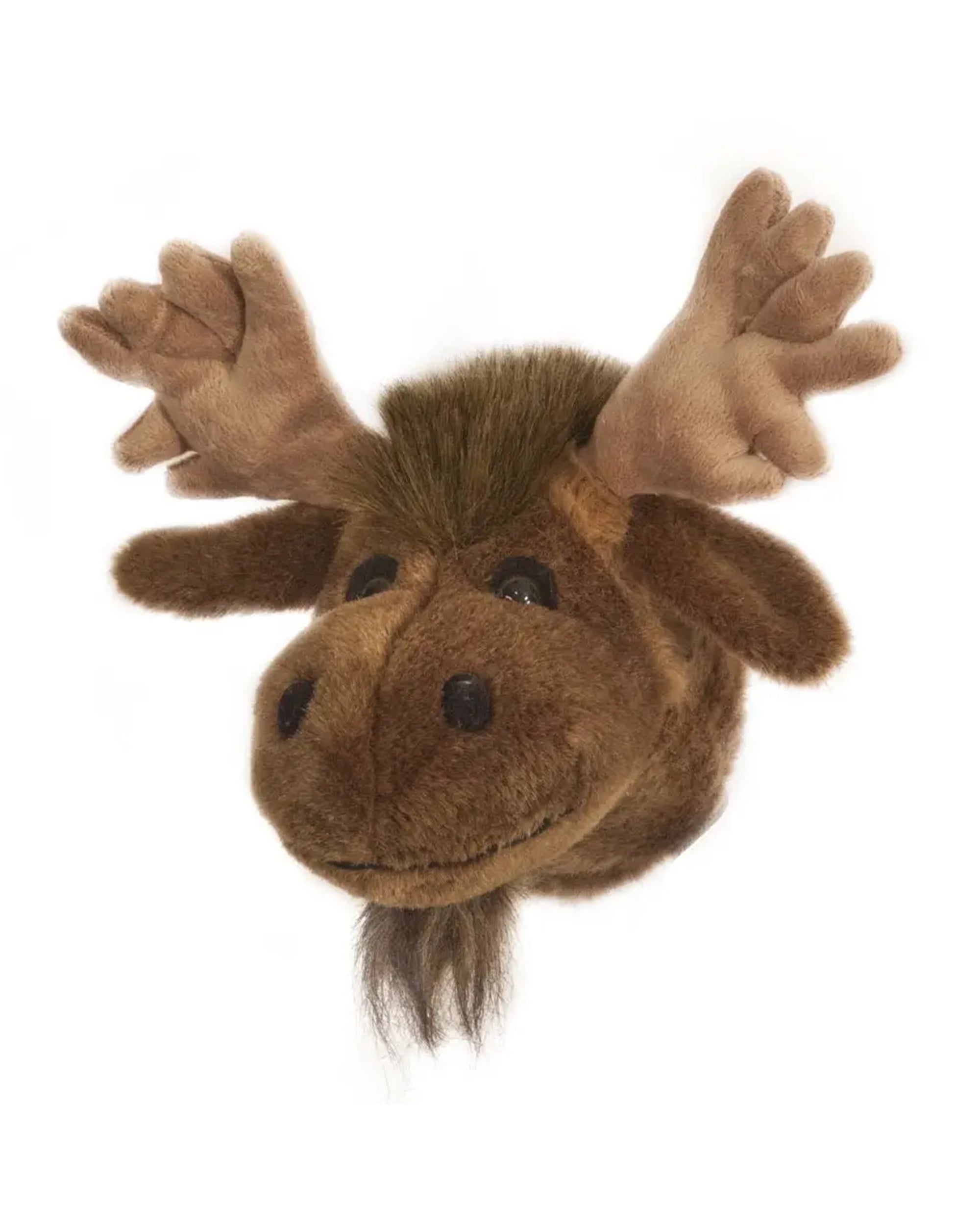 The Faire Moose Mini Trophy Head features large soft antlers, round black eyes, and a tuft of brown fur—a cute plush décor piece for walls or kids’ rooms—shown against a white background.