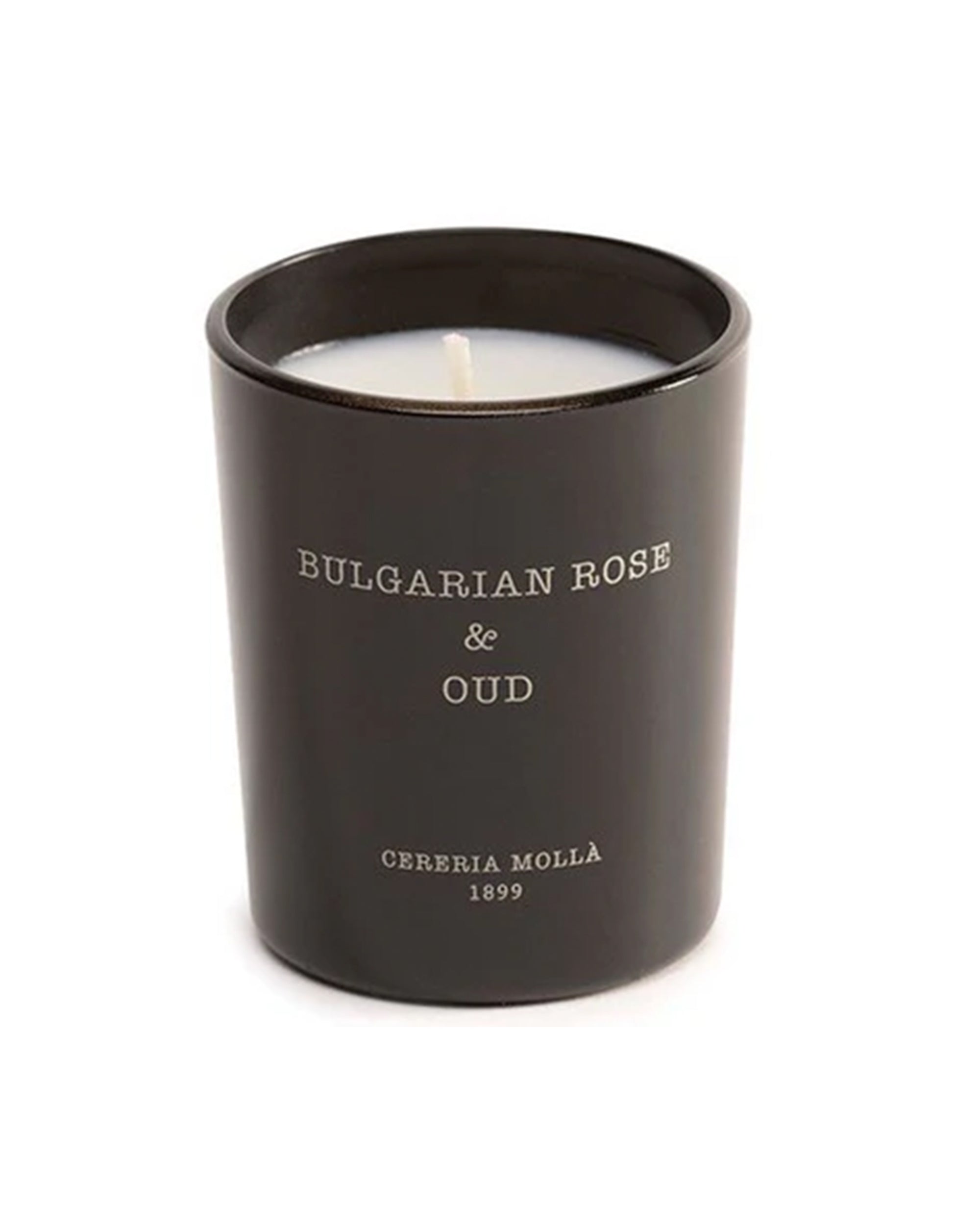 A luxury scented mini candle (2.4 OZ) from European Scents LLC, featuring "Bulgarian Rose & Oud" in a black jar with white wax and elegant white labeling.