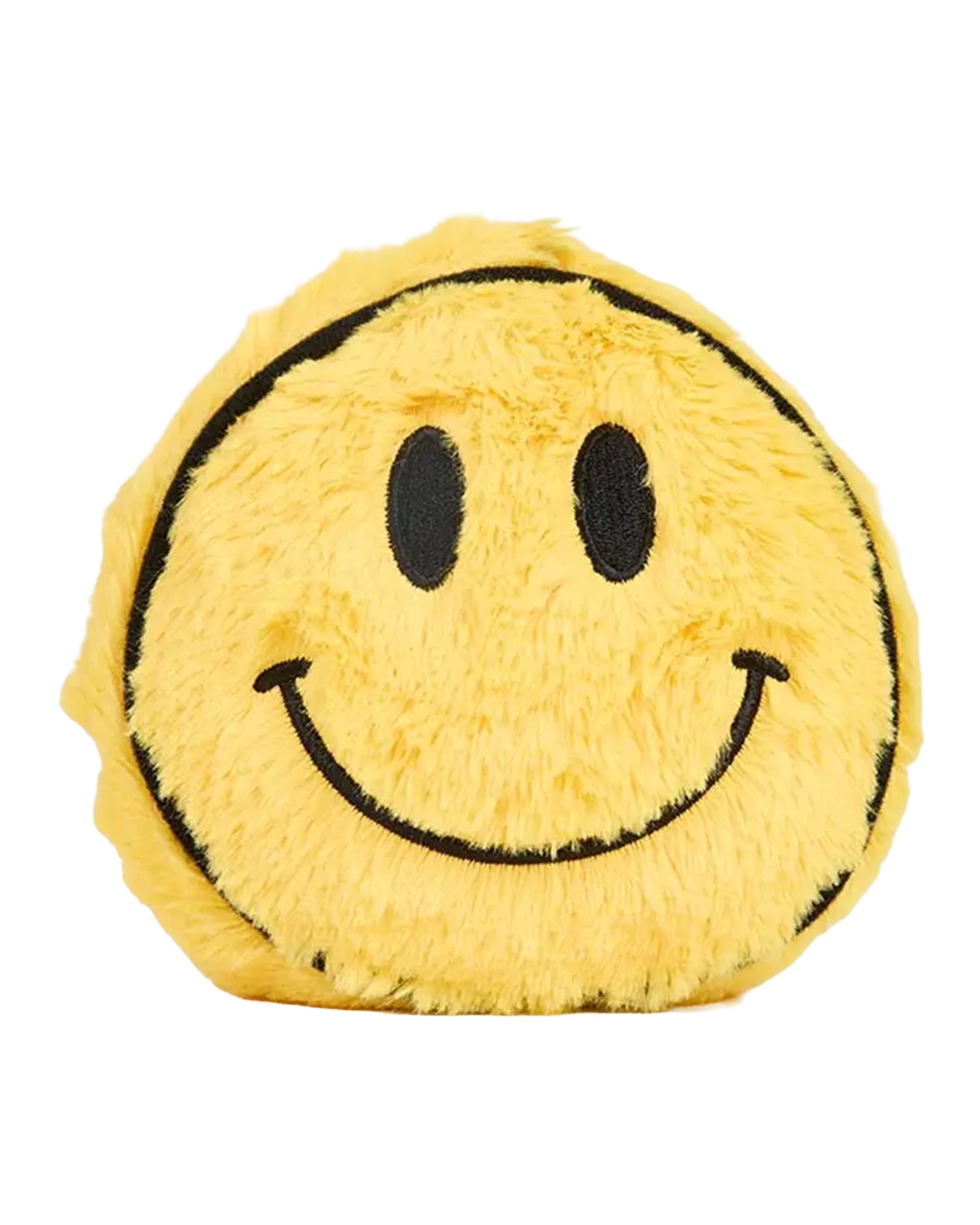 The Faire Smiley Face Warmies Junior is a round, yellow, microwavable plush pillow with a soft texture and a large black smiley face. This stuffed animal also features a soothing lavender scent.