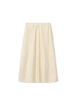 The Poplin A Line Skirt by Perfectwhitetee is a cream-colored, knee-length cotton skirt featuring an elastic waistband, subtle pleats, and pockets, shown against a plain white background.