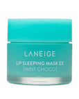 A container of Faire Lip Mask in Mint Choco flavor, showing a turquoise lid and clear jar with white text in Arizona style.