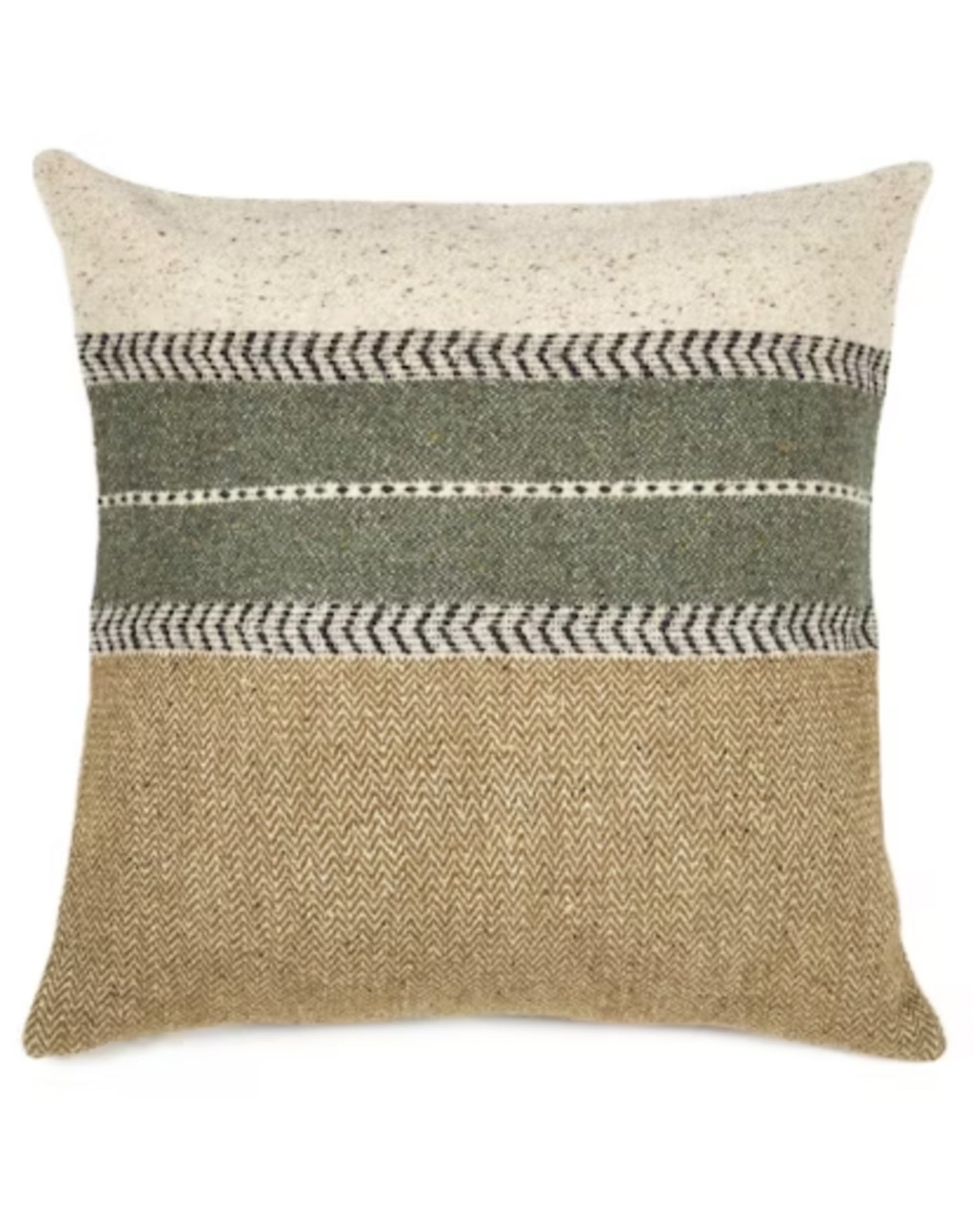 The Montana Pillow by Libeco Home is a square throw pillow with a herringbone stripe in cream, olive green, black, and light brown woven textures—ideal for adding cozy winter hues to your décor.