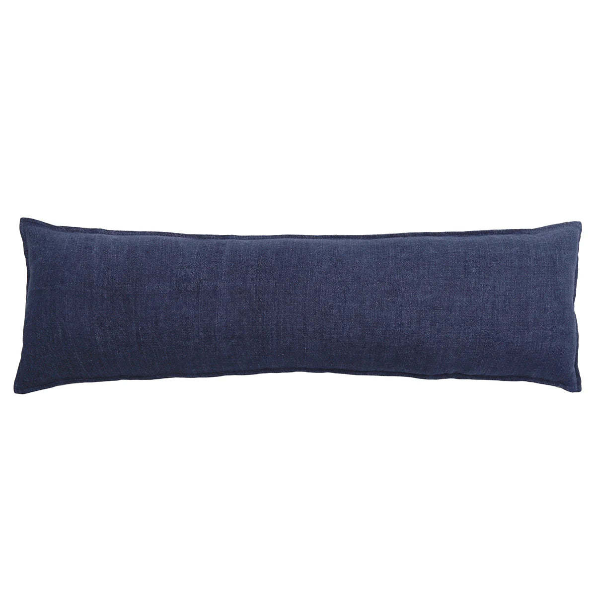 The Montauk Body Pillow by POM POM features a long, rectangular shape and a dark blue heavyweight linen cover, shown against a white background.