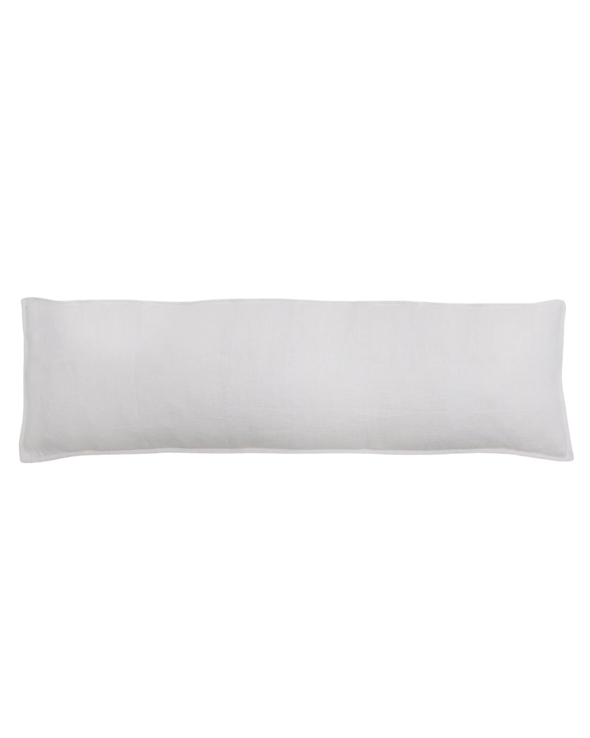 The Montauk Body Pillow by POM POM features a plain, rectangular white design crafted from smooth, hand-loomed heavy weight linen, shown on a white background.