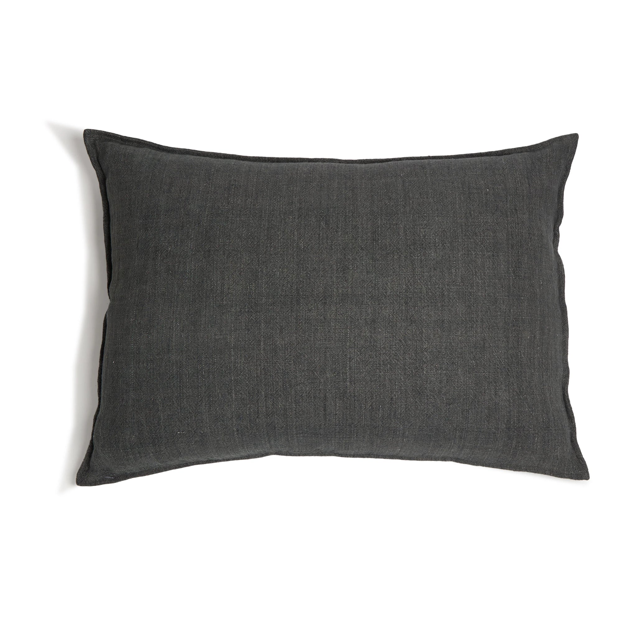 The Montauk Big Pillow 28x36 by POM POM is a rectangular, dark gray pillow with smooth fabric and hidden zipper closures, displayed against a white background.