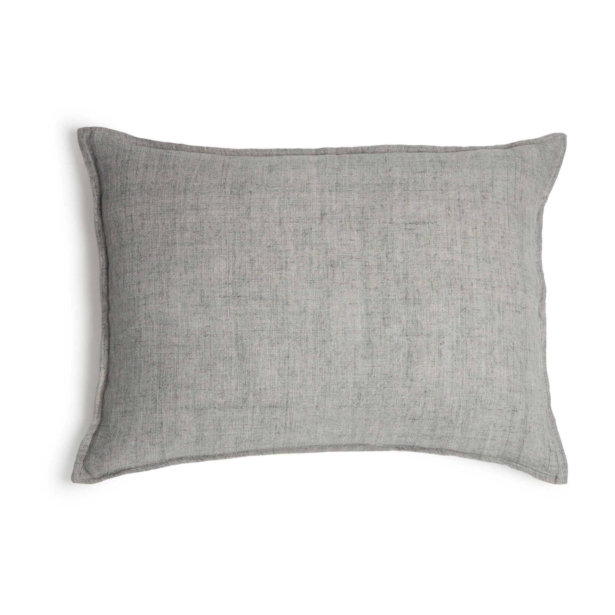 The Montauk Big Pillow 28x36 by POM POM, featuring a soft, textured hand-loomed gray linen cover and discreet zipper closures, is displayed against a white background.