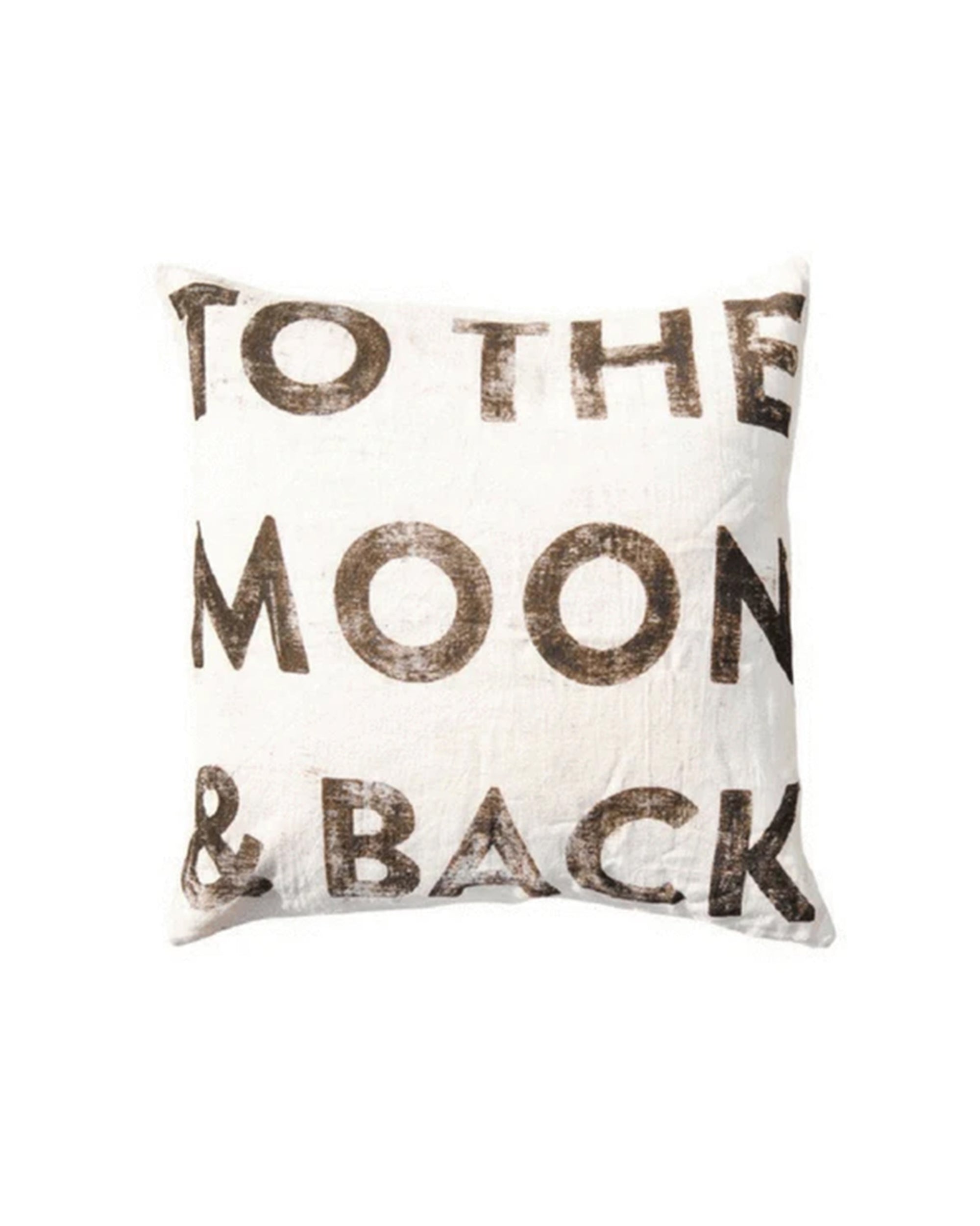 The To The Moon Pillow by Sugarboo Designs is a square, stonewashed linen throw in off-white with bold distressed black text: "TO THE MOON & BACK." Its cozy, rustic look makes it a heartfelt gift for someone special.