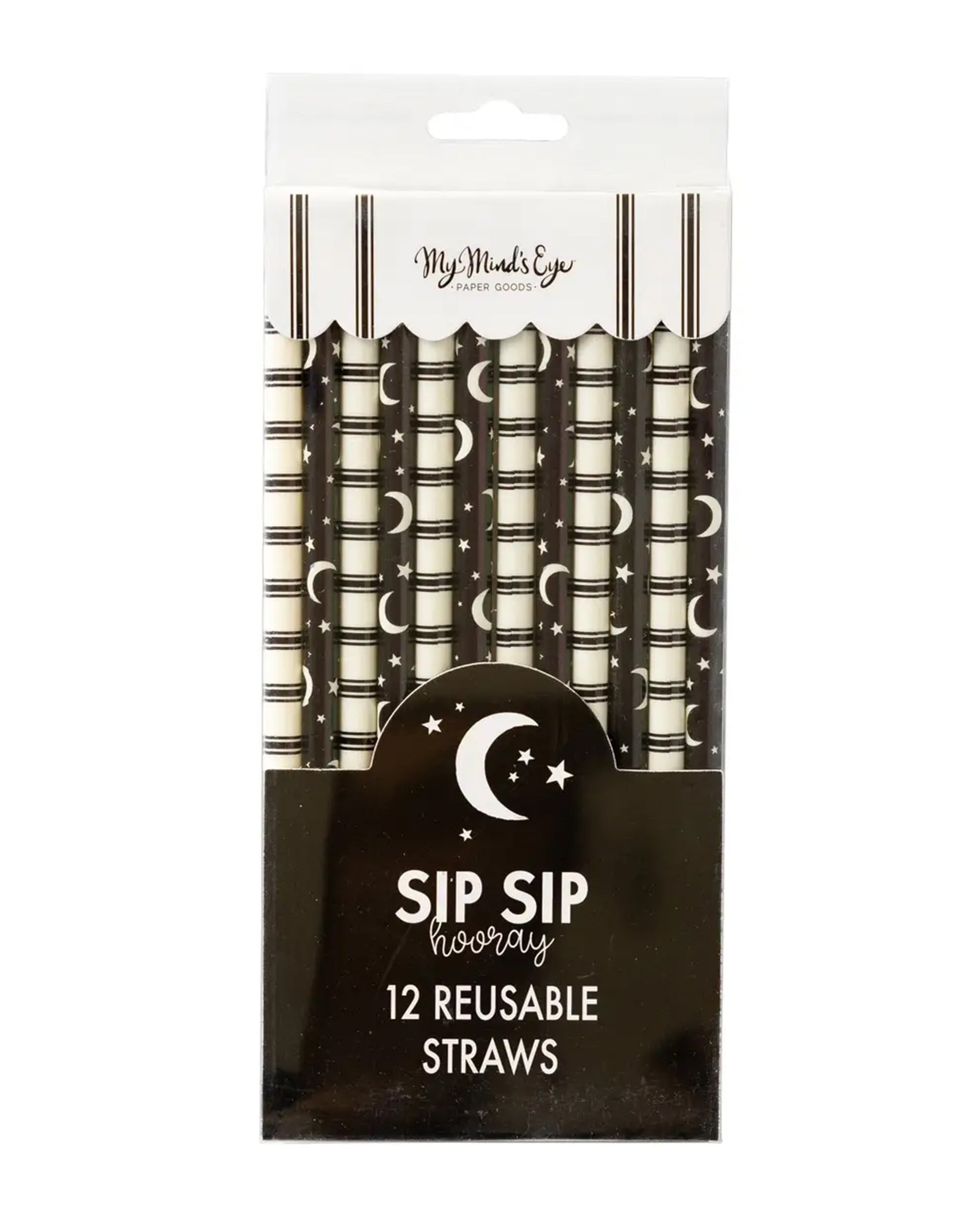 A pack of 12 MME Reusable Straws from My Mind’s Eye features black and white stripes with moon and star designs. The package says “SIP SIP hooray 12 reusable straws” and displays a crescent moon and stars graphic.