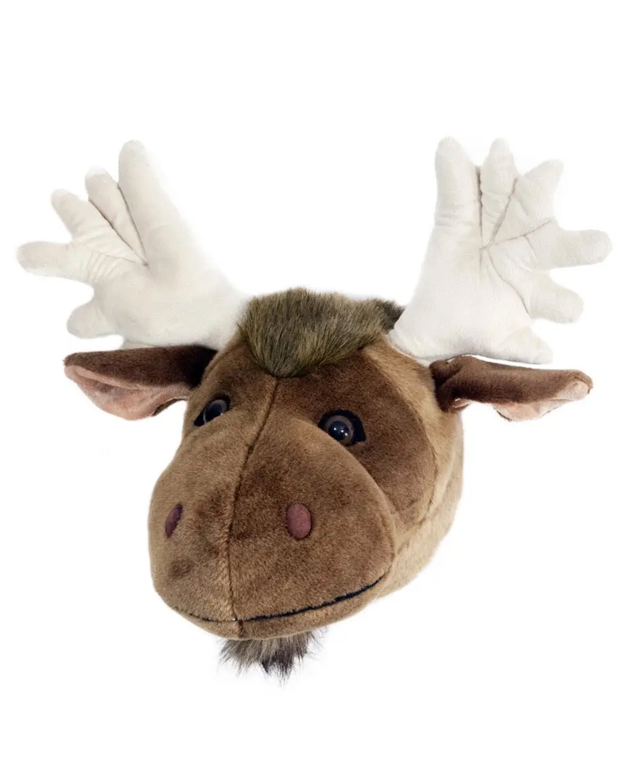 The Faire Moose Large Trophy Head features soft brown fur, large white antlers, round black eyes, and a tuft of darker hair—a perfect plush wall décor for any outdoor enthusiast.