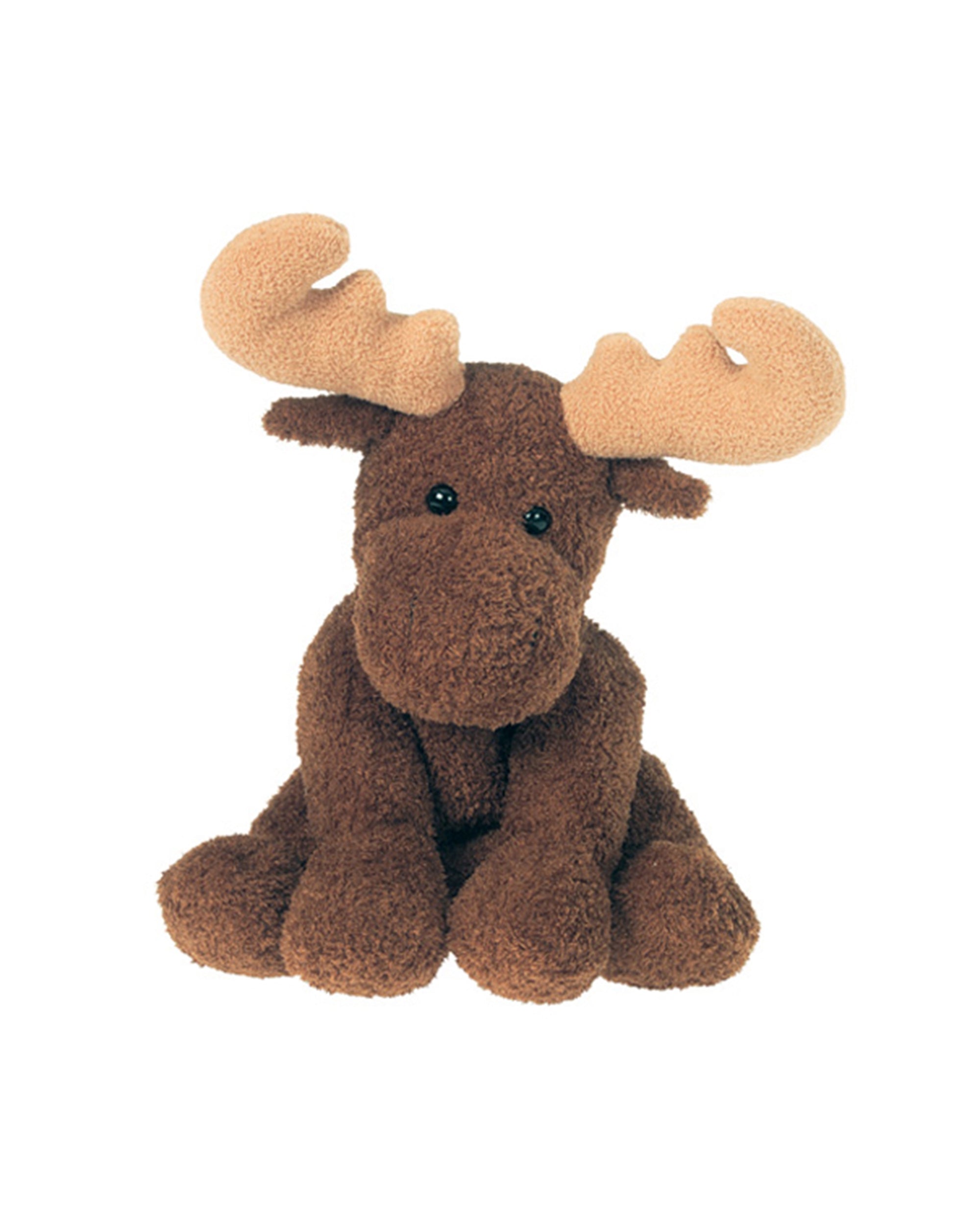 The Mary Meyer Corp Stuffed Animals plush moose features soft brown fur, light tan antlers, and black button eyes—a cute companion for anyone who loves stuffed animals.