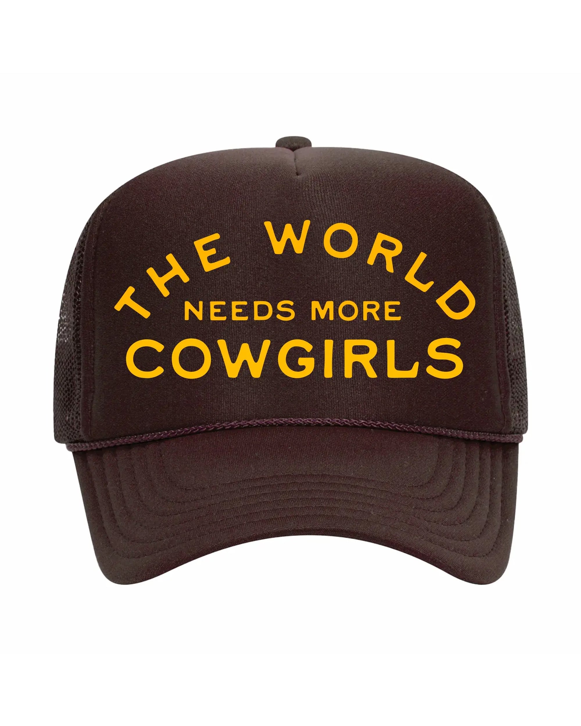 The "More Cowgirls" Hat by Faire features a brown mesh back and yellow front text reading "THE WORLD NEEDS MORE COWGIRLS." This unisex vintage trucker cap offers classic Western style and comfort for any fan.