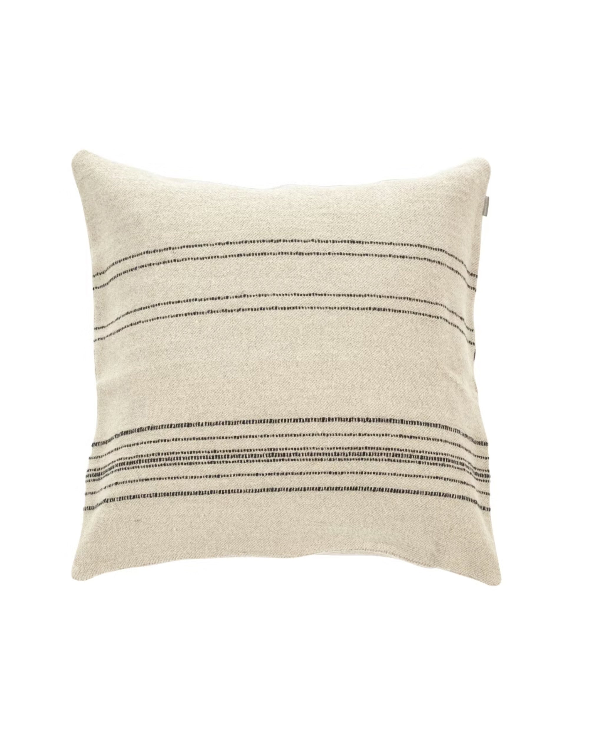 The Moroccan Pillow by Libeco Home is a rectangular beige throw pillow featuring thin, evenly spaced black stripes inspired by Moroccan blankets, shown against a white background.