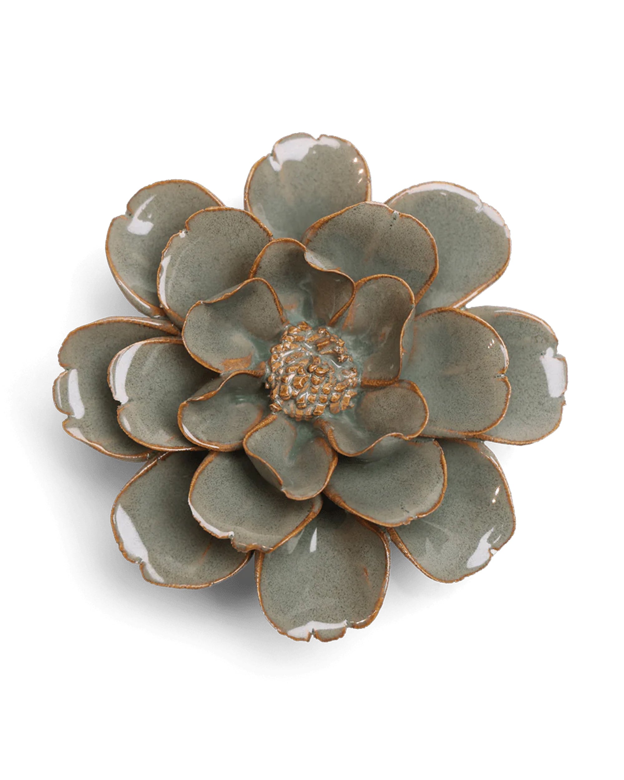 The Moss Grey Oxeye Daisy by Chive Ceramics features handmade, layered petals in muted green with brown edges, forming a symmetrical bloom—ideal as a ceramic flowers wall hanging for boho faux greenery décor.