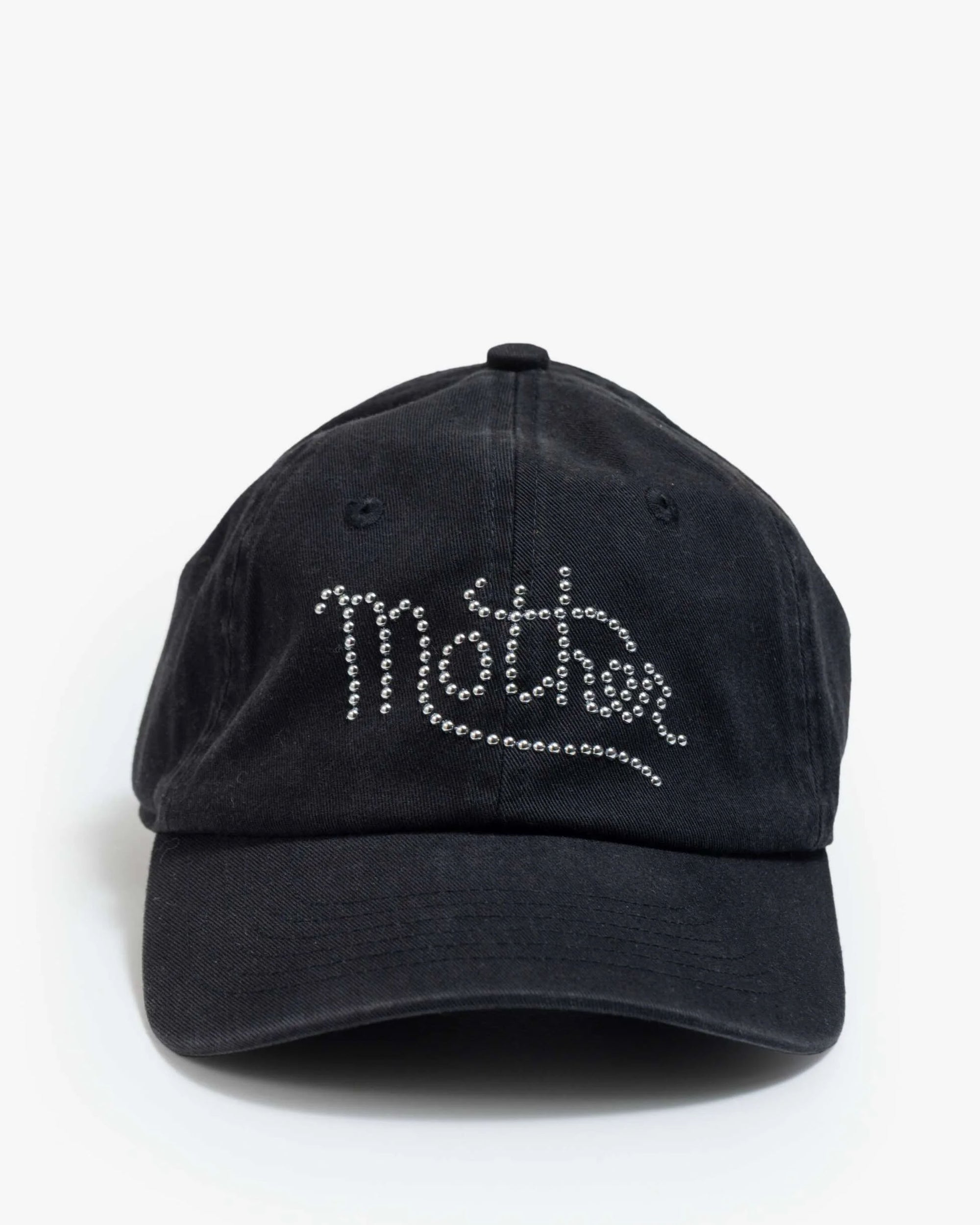 The "Hats Off Black" dad hat by Mother features "Meta" in silver rhinestones on the front and is photographed on a plain white background.