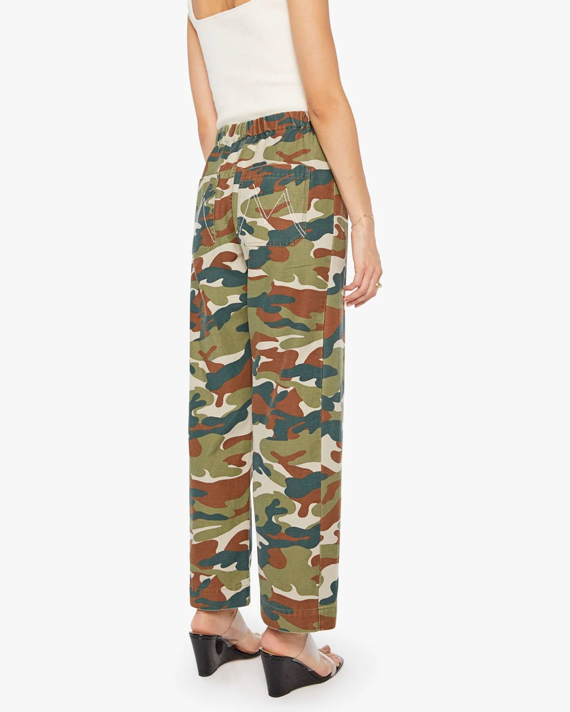 A person wearing Mother’s The Drawn Half-Pipe Ankle high-waisted camouflage pants, a white sleeveless top, and open-toe sandals stands facing away from the camera against a plain white background.