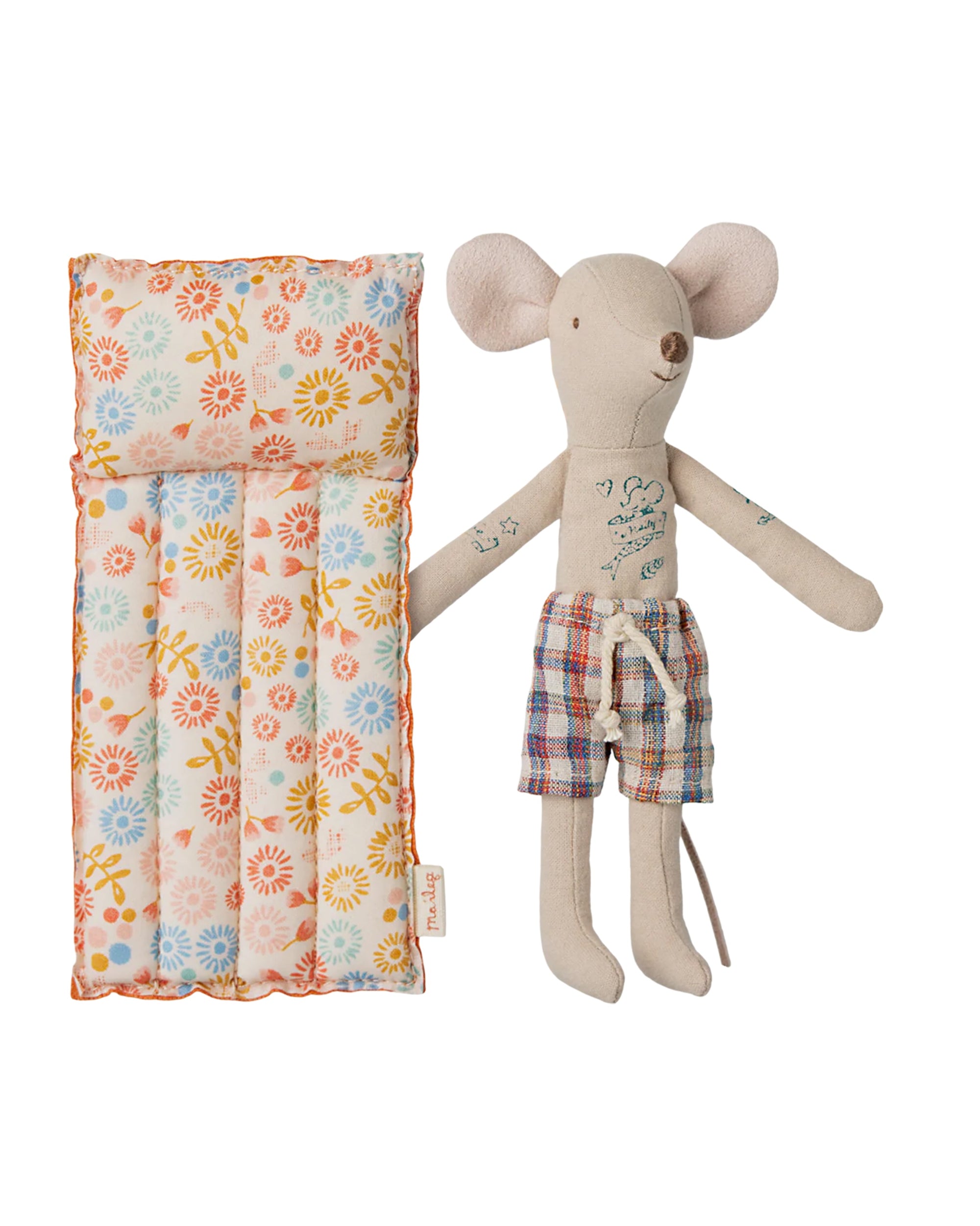 Maileg Beach Mouse w/ Air Mattress Dad wears plaid shorts and relaxes by his air mattress—ideal for imaginative play from Maileg.