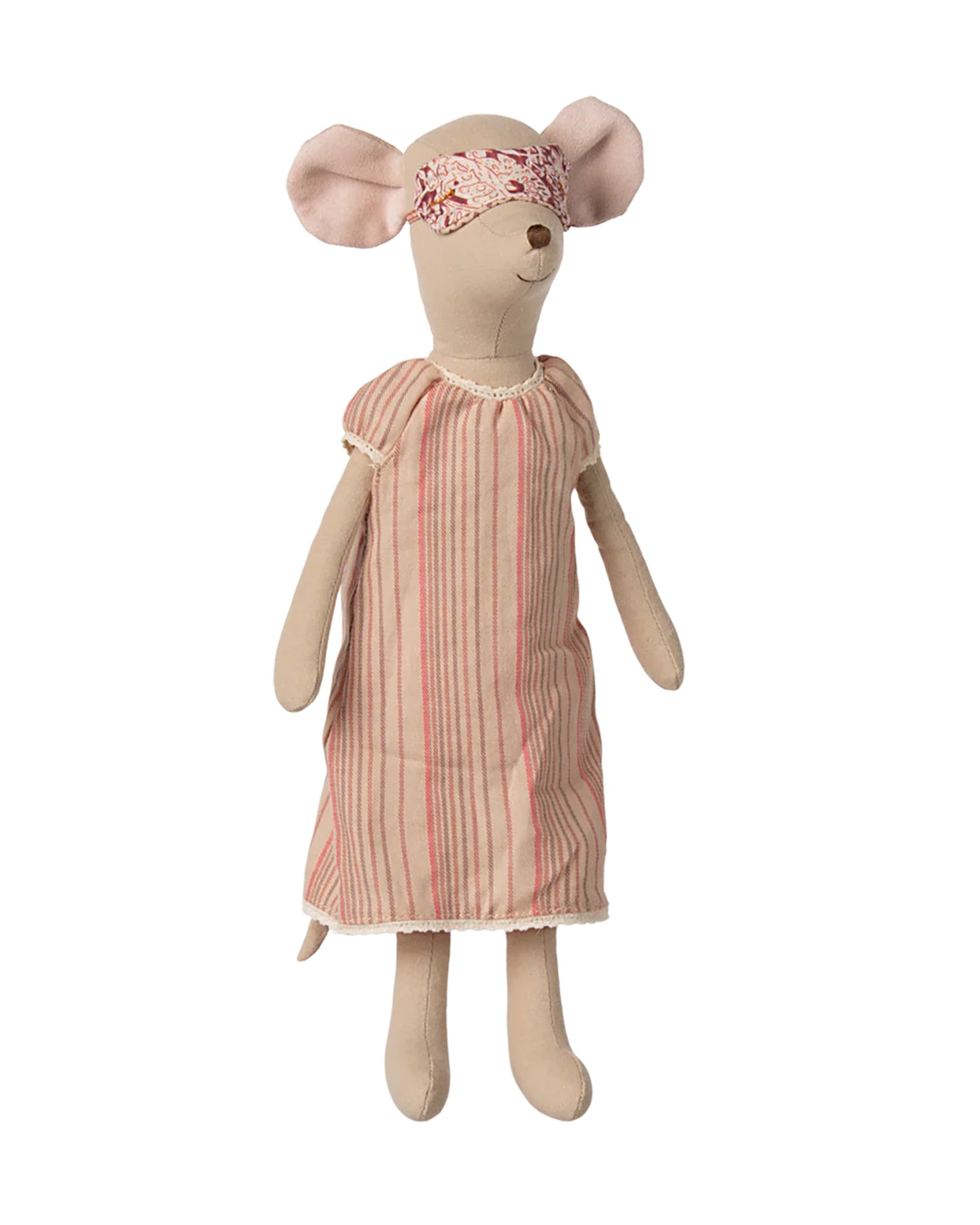 The Maileg Medium Mouse, Nightgown by Maileg is a soft plush doll in a striped pink and beige dress with a floral sleep mask, standing upright against a white background—an ideal bedtime companion.