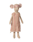 The Maileg Medium Mouse, Nightgown by Maileg is a soft plush doll in a striped pink and beige dress with a floral sleep mask, standing upright against a white background—an ideal bedtime companion.