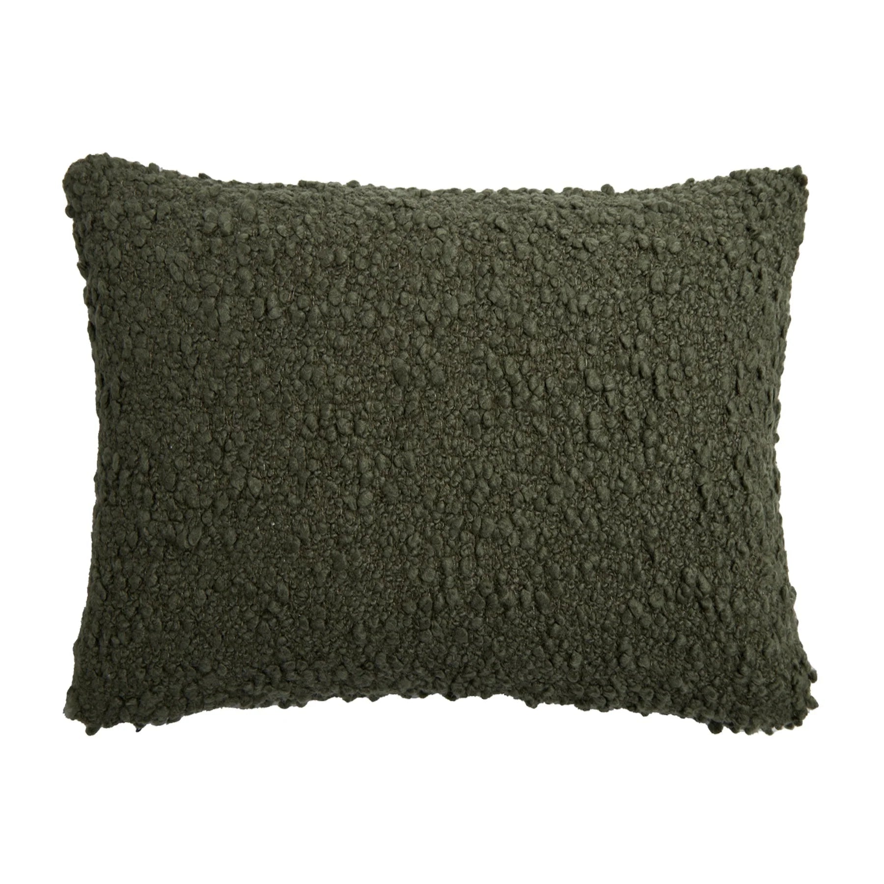 The POM POM Murphy Big Pillow 28x36 features a rectangular shape and dark green plush bouclé texture, displayed against a plain white background.