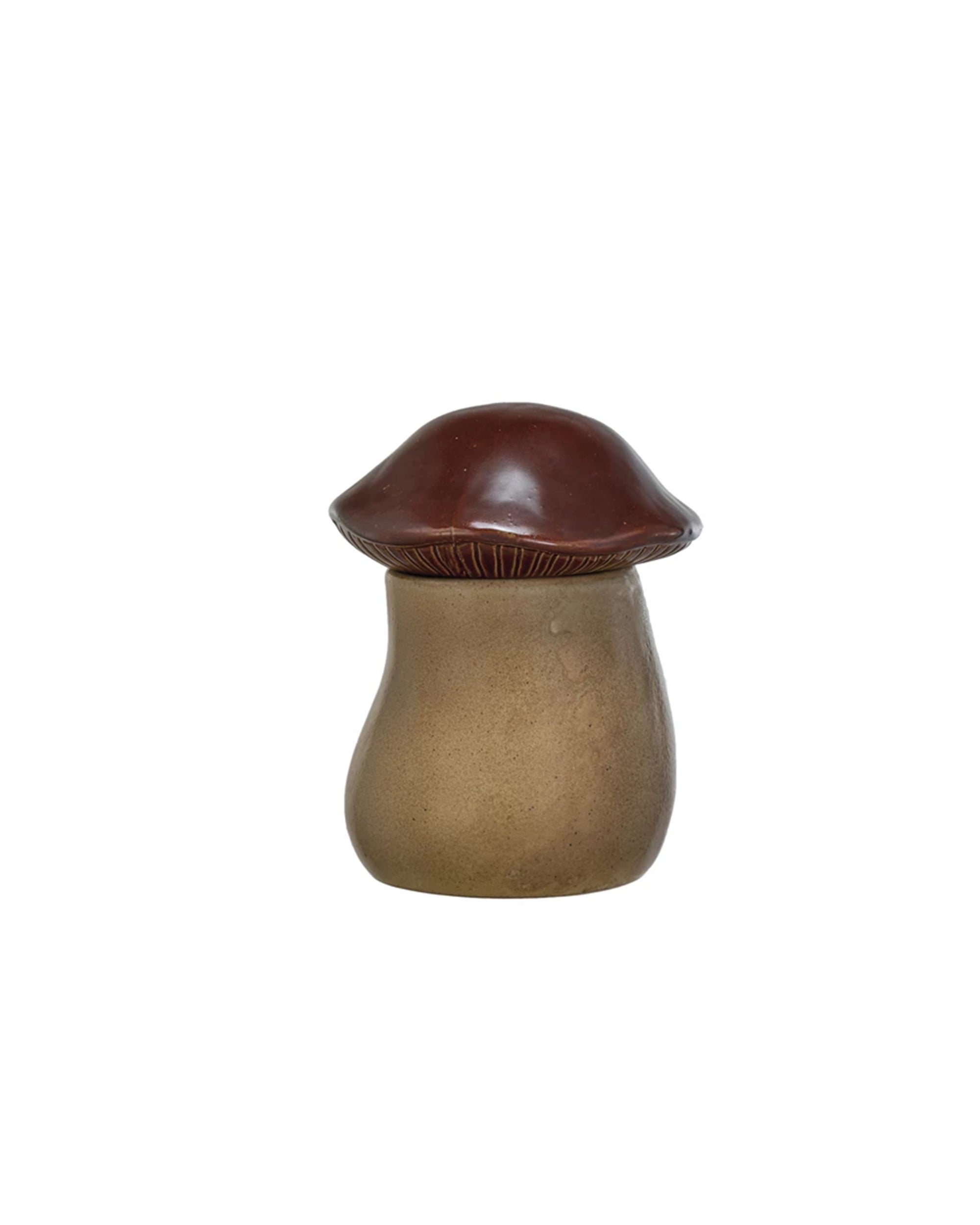 The Creative Co-op DF9712 Mushroom Canister features stoneware with a smooth brown-tan stem and a glossy reactive dark brown cap, displayed on a plain white background.