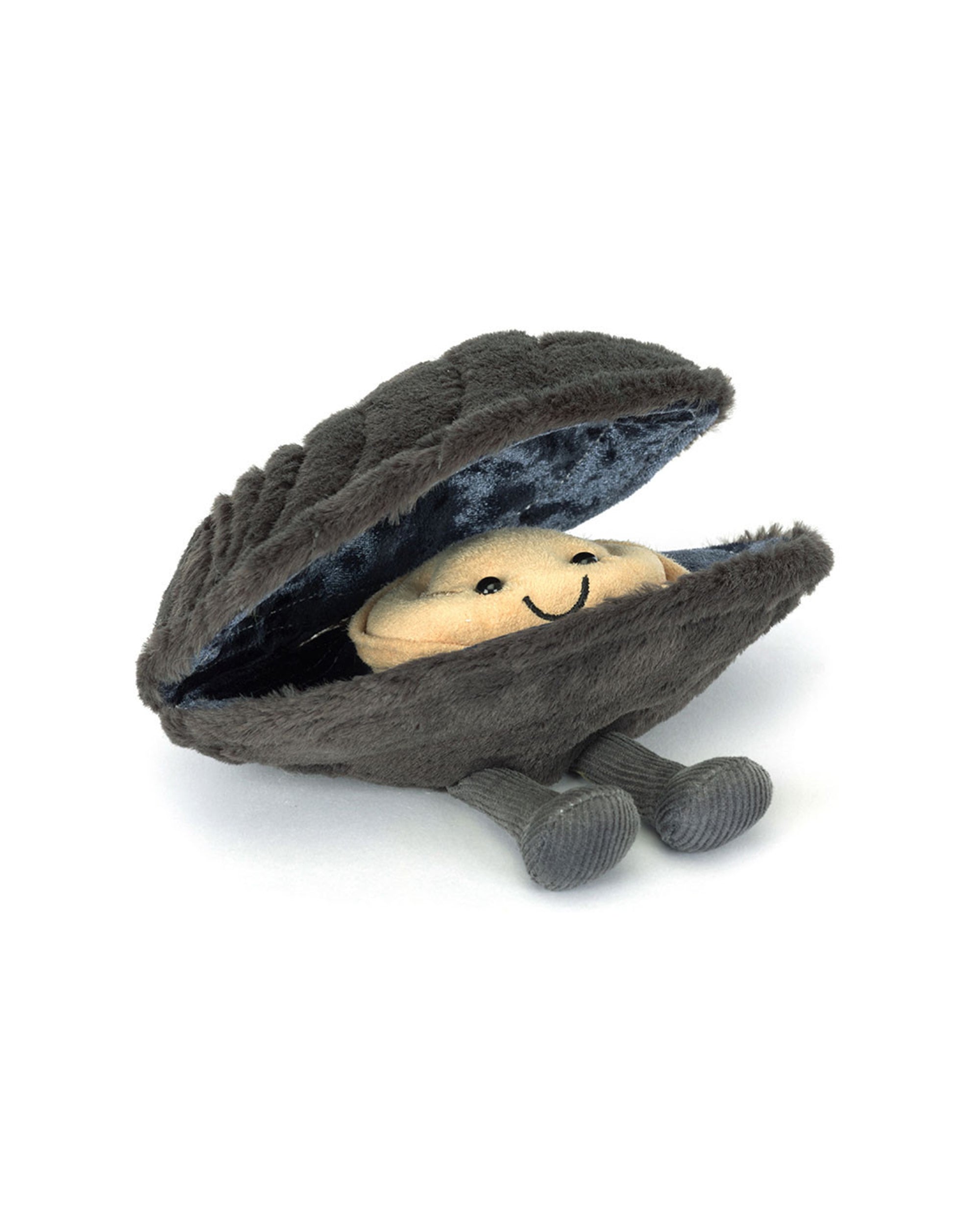 A plush toy clam with a fuzzy grey shell and a smiling beige face inside, plus two grey plush legs—just like the adorable Amuseables Michelle Mussel from Jelly Cat Inc.