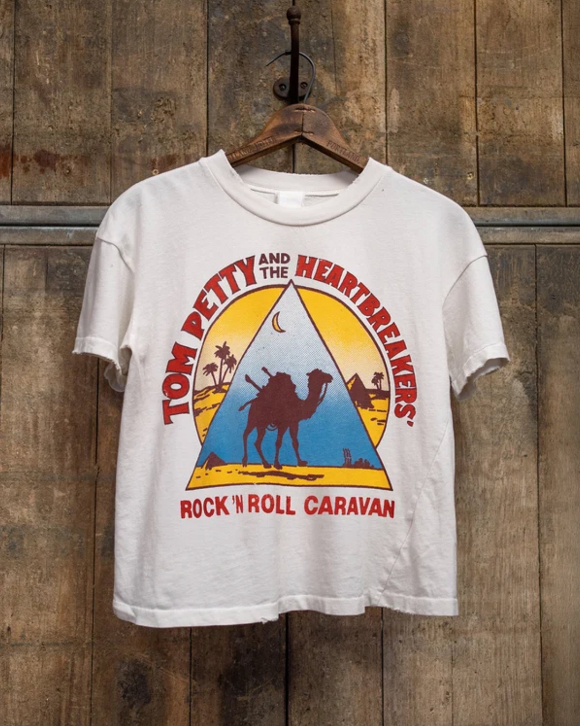 Cropped vintage-style Tom Petty tee with Rock ‘N’ Roll Caravan and desert camel graphic by Made Worn.