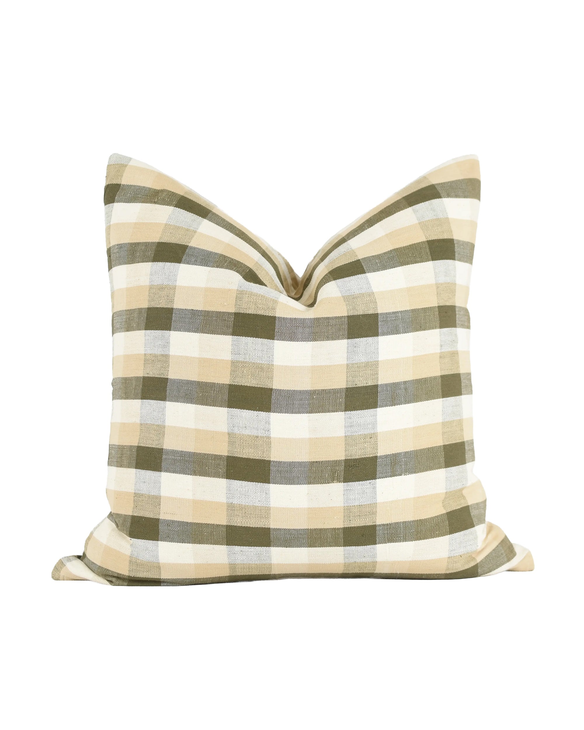 The Faire Myrtle Pillow 22x22 features a handwoven cotton cover with a beige, olive green, and white checkered pattern. Displayed on a white background, the soft square pillow shows a gentle center crease.