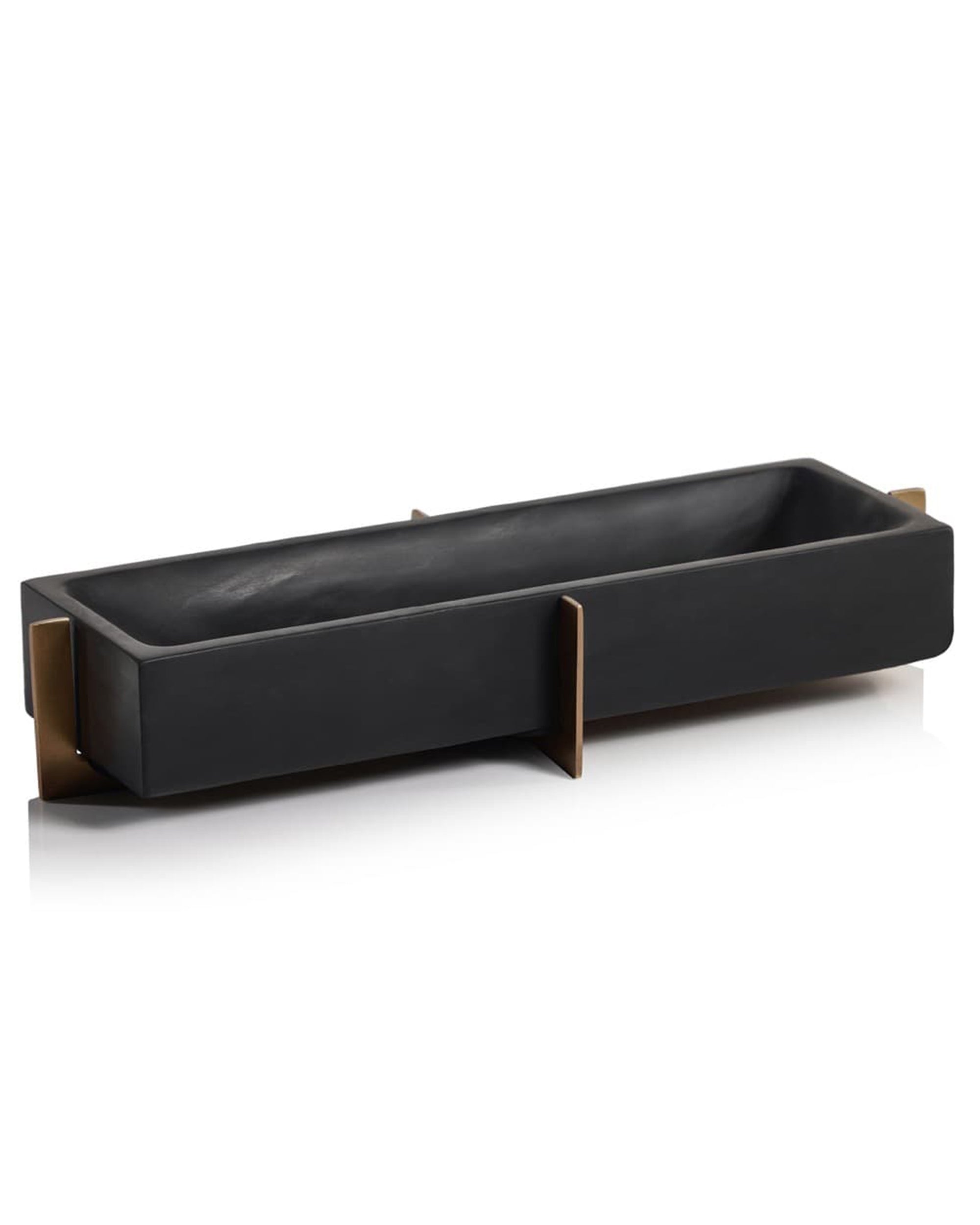 The Zodax IN-7368 Nairobi Black Marble Tray is rectangular with rounded edges, a gold metal base, and two brass-tone dividers on each side, shown against a white background.
