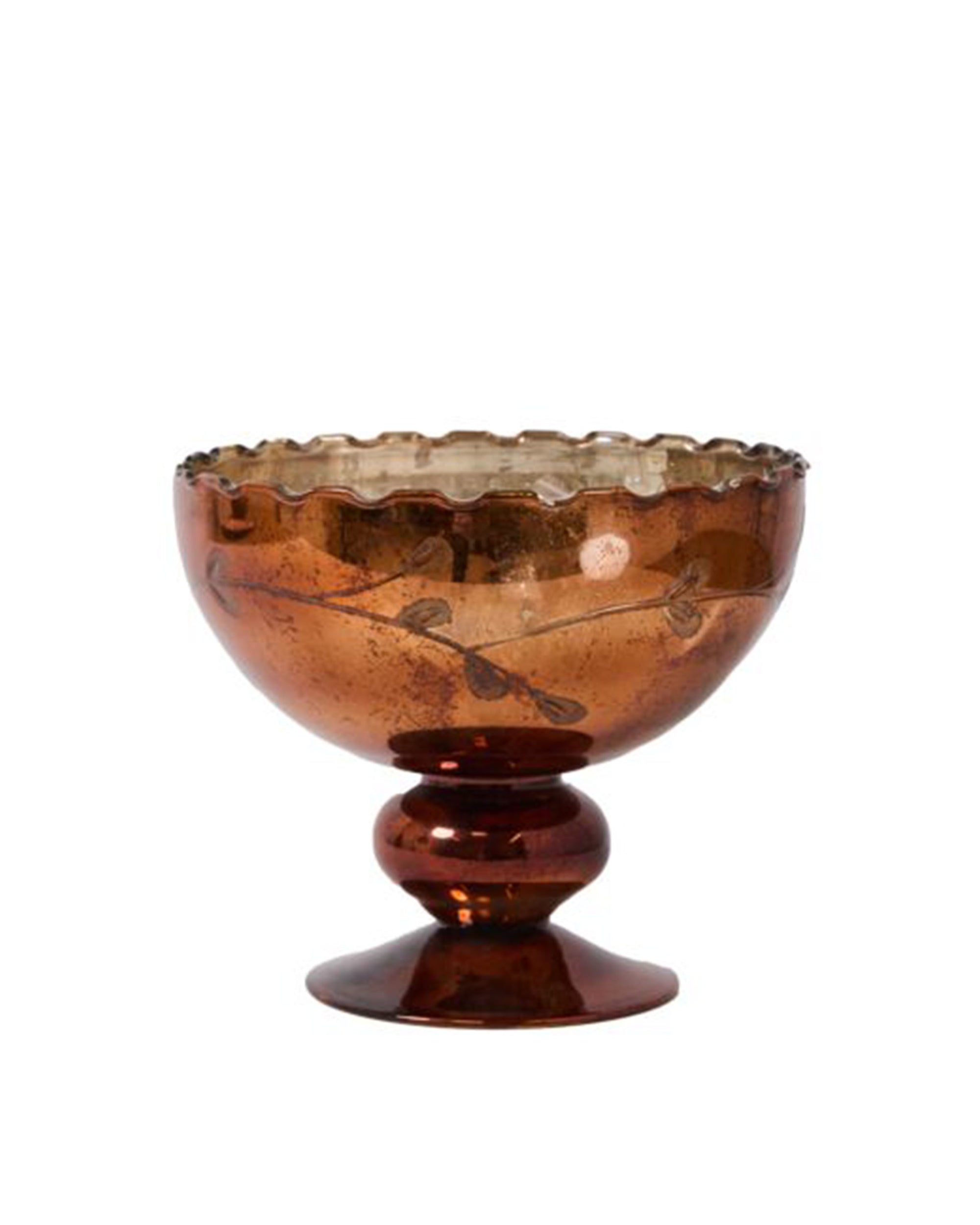 The Naomi Compote by Accent Decor is a vintage amber glass pedestal bowl featuring a scalloped rim and decorative swirls that reflect light beautifully on its glossy surface.