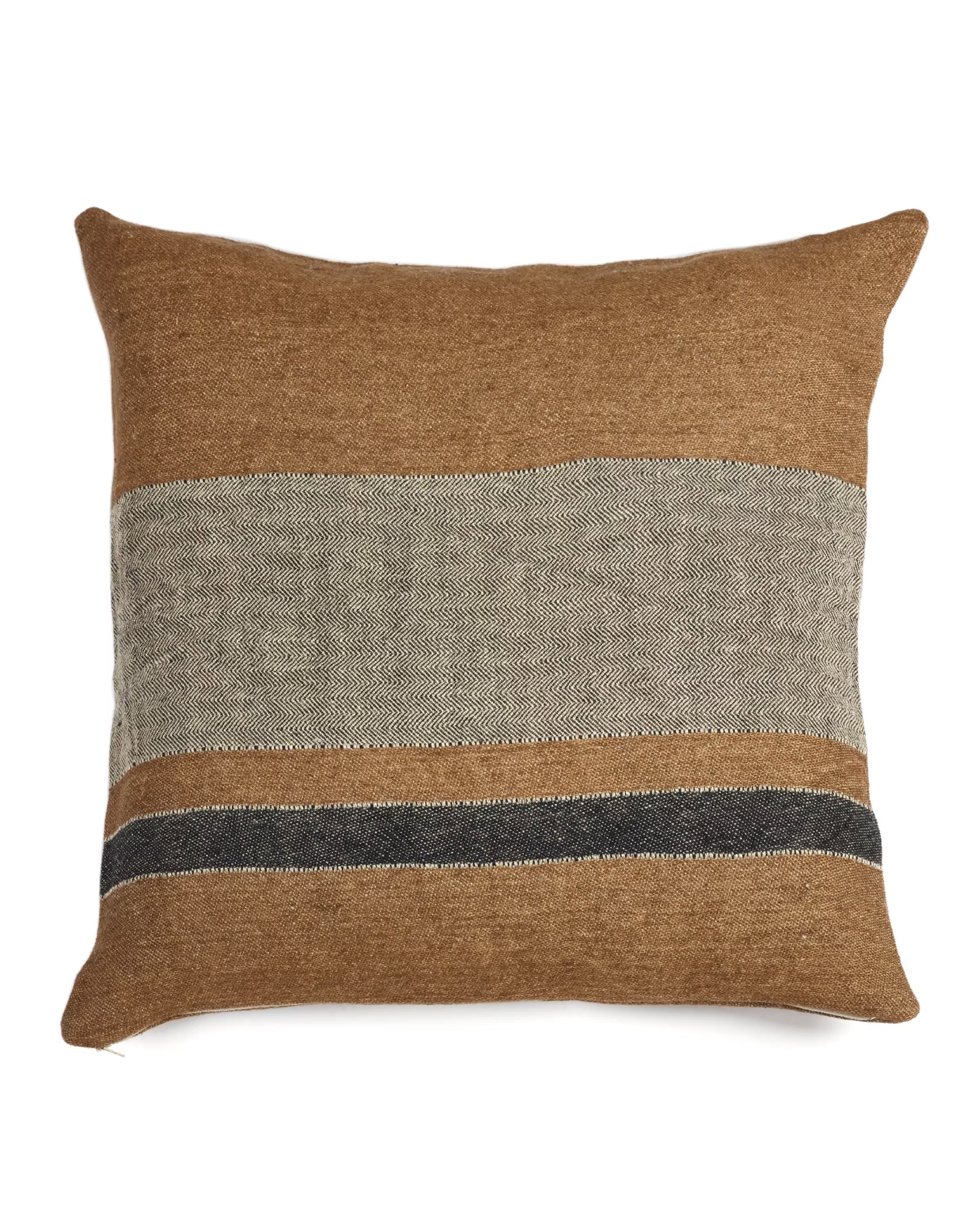 The Belgian Pillow by Libeco Home features a brown background, wide gray central stripe, and thin black bottom stripe. Its textured woven fabric offers an elegant touch to any home decor.