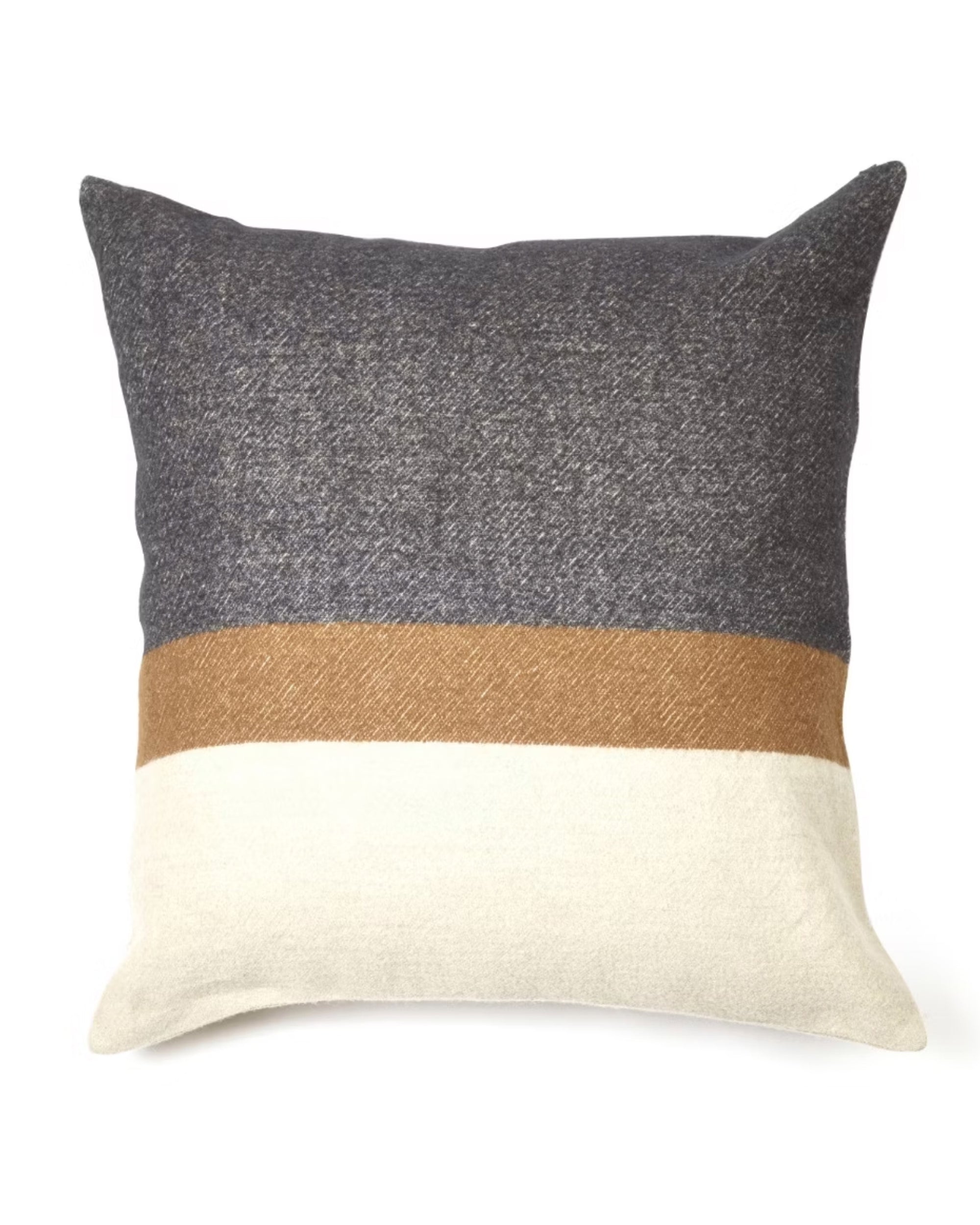 The Libeco Home Nash Pillow is a square throw pillow with three horizontal color blocks—dark gray, tan, and off-white—crafted from soft linen for a refined look. This artisanal accent is perfect for elevating any living space.