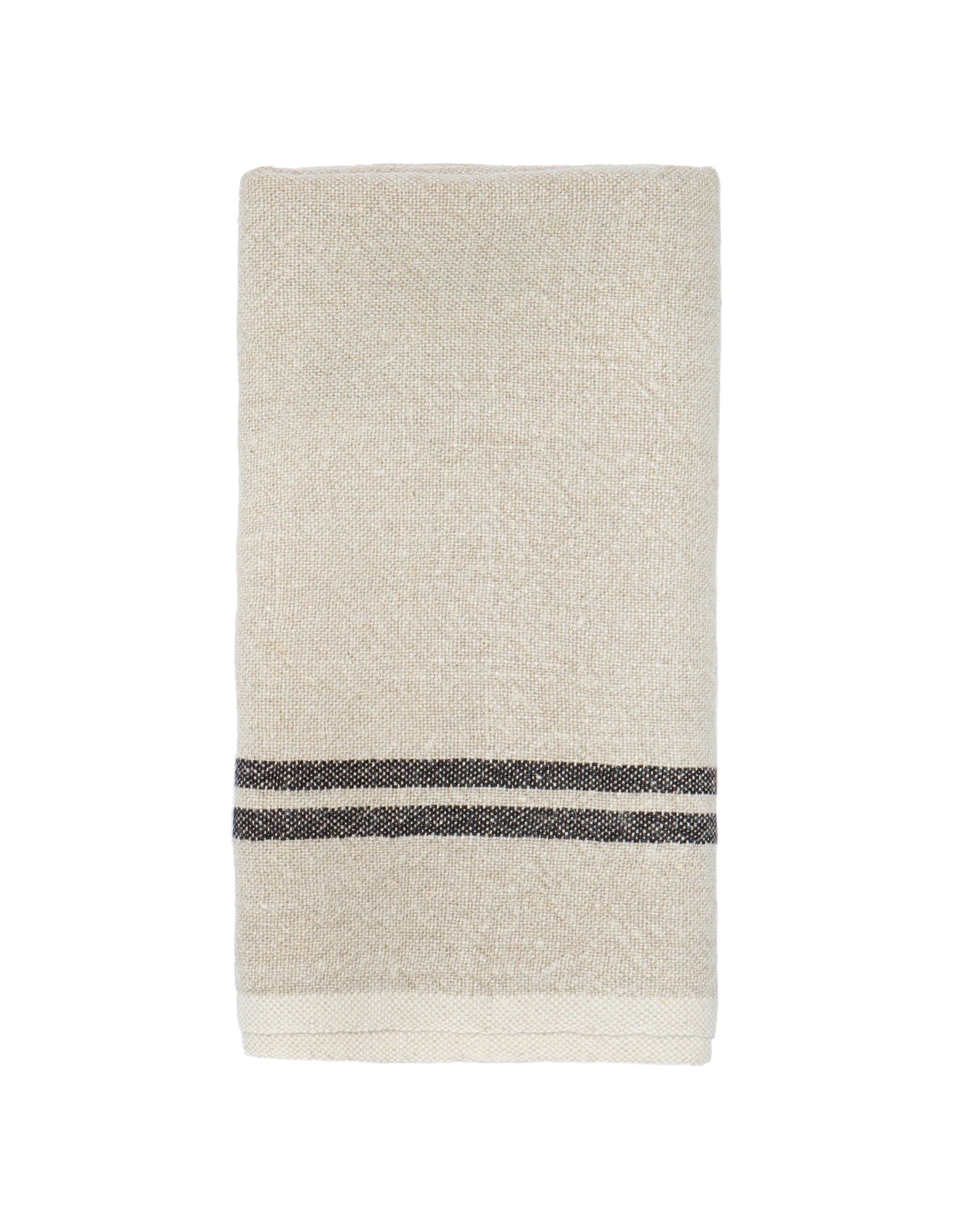 The Caravan Vintage Linen Towels Set-2 features neatly folded beige towels with black stripes, evoking classic Khadi tea towels—ideal for bringing rustic dining charm to your table. Displayed on a white background.