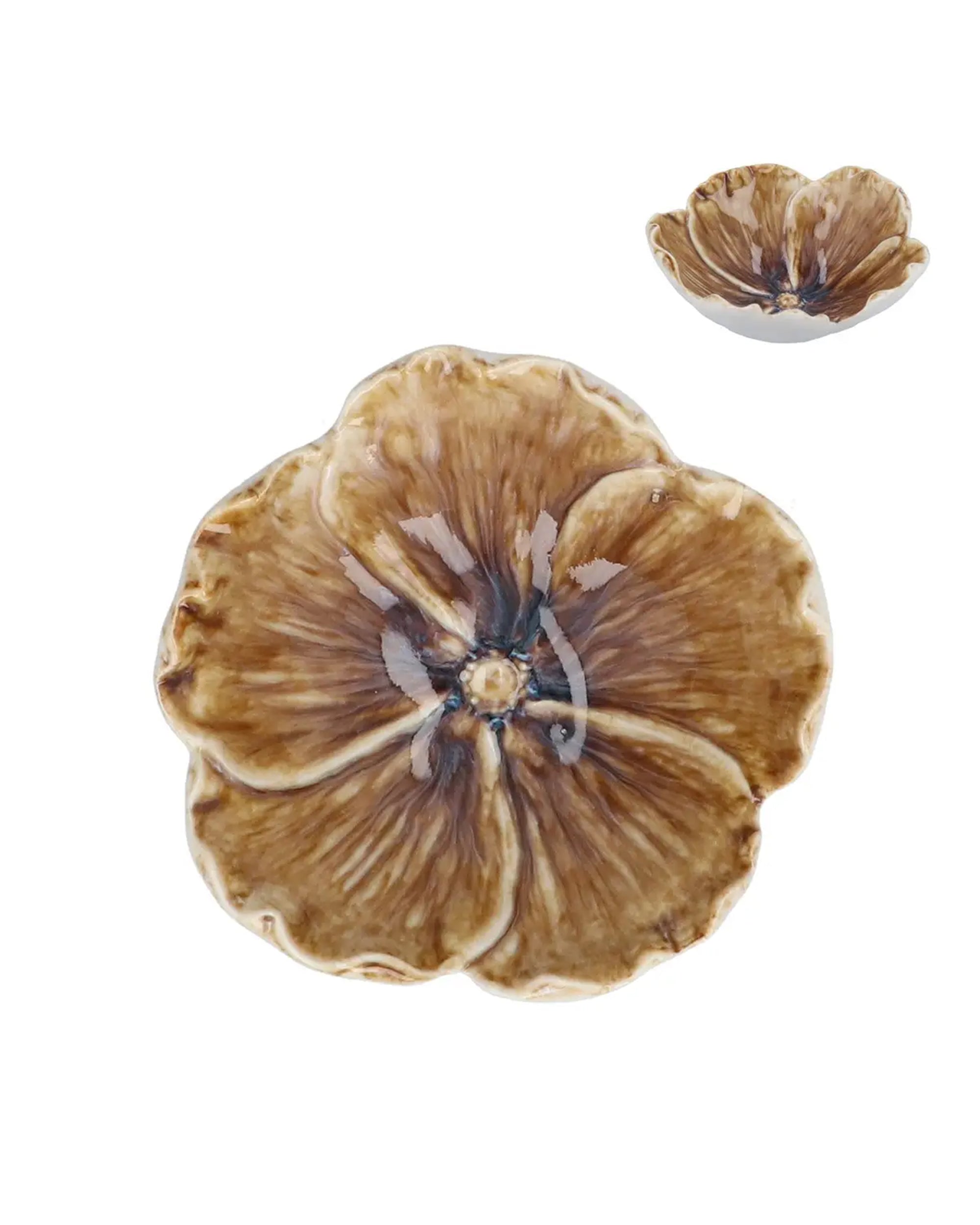 The Faire Nat. Stoneware Anemone Trinket Dish features brown glossy flower-shaped petals and a charming anemone design. A smaller product view is shown in the top right corner against a white background.