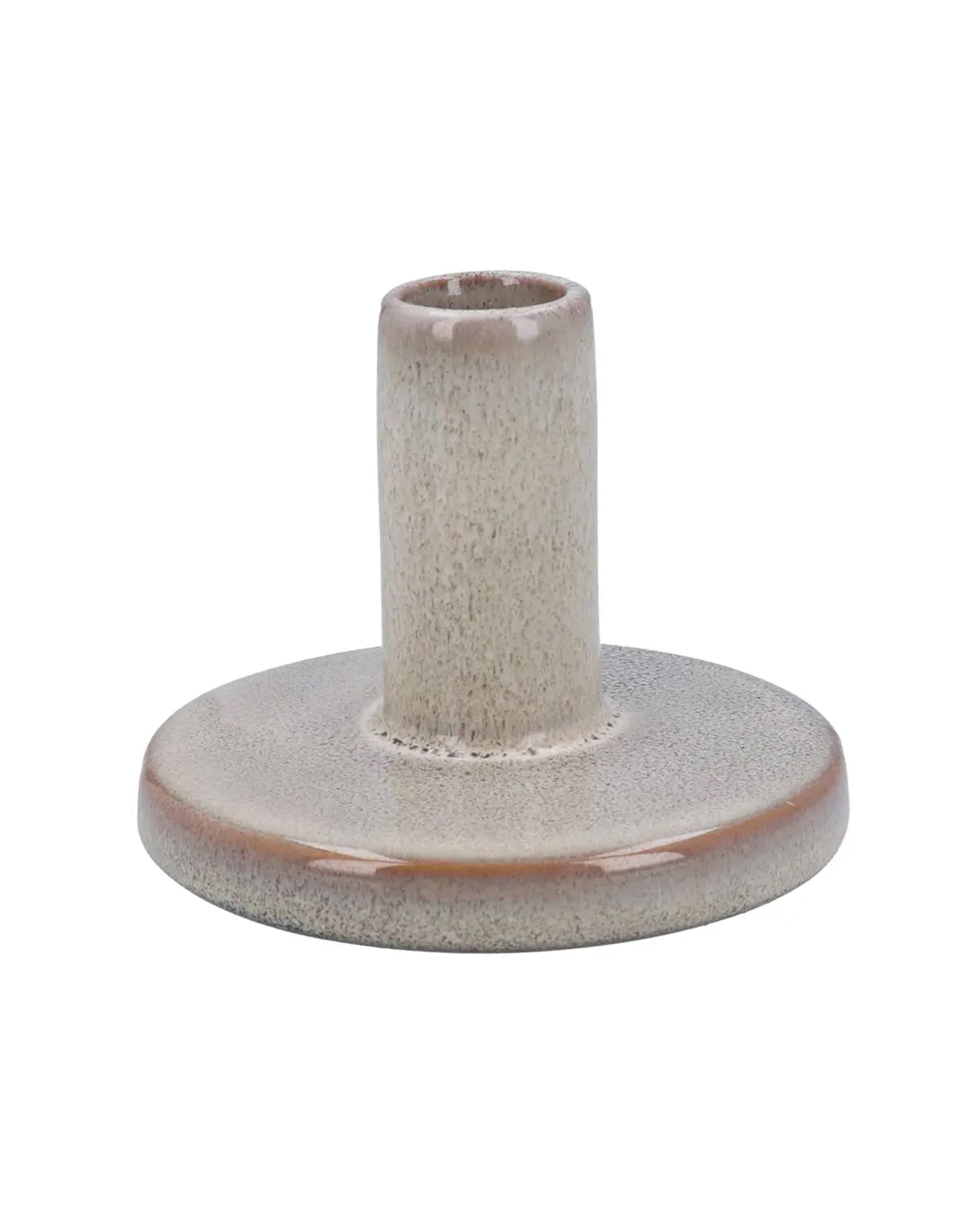 The Faire Natural Disc Stoneware Candle Holder has a round ceramic design with a wide, flat base and short cylindrical center, finished in smooth, light grey speckle—ideal for elevating any home decor.