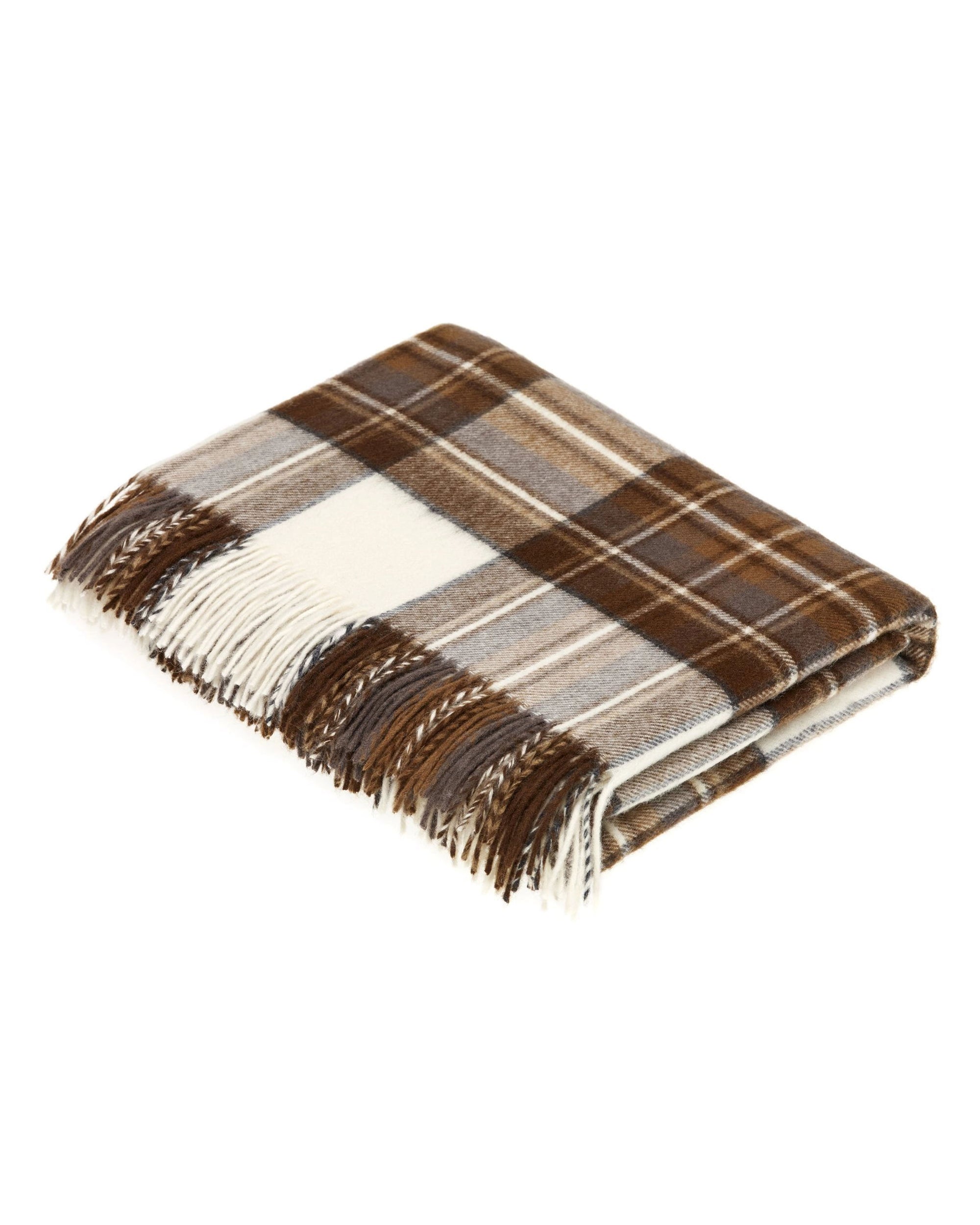 The Faire BM Merino Lamb Throw/Blanket features a brown, white, and beige plaid with fringed edges—ideal for lovers of classic clan tartan designs.