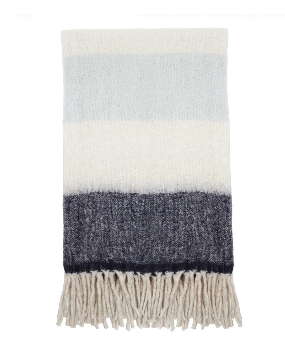 Striped throw blanket with cream, light blue, and dark gray bands and fringed ends by POM POM for Bungalow Furniture.