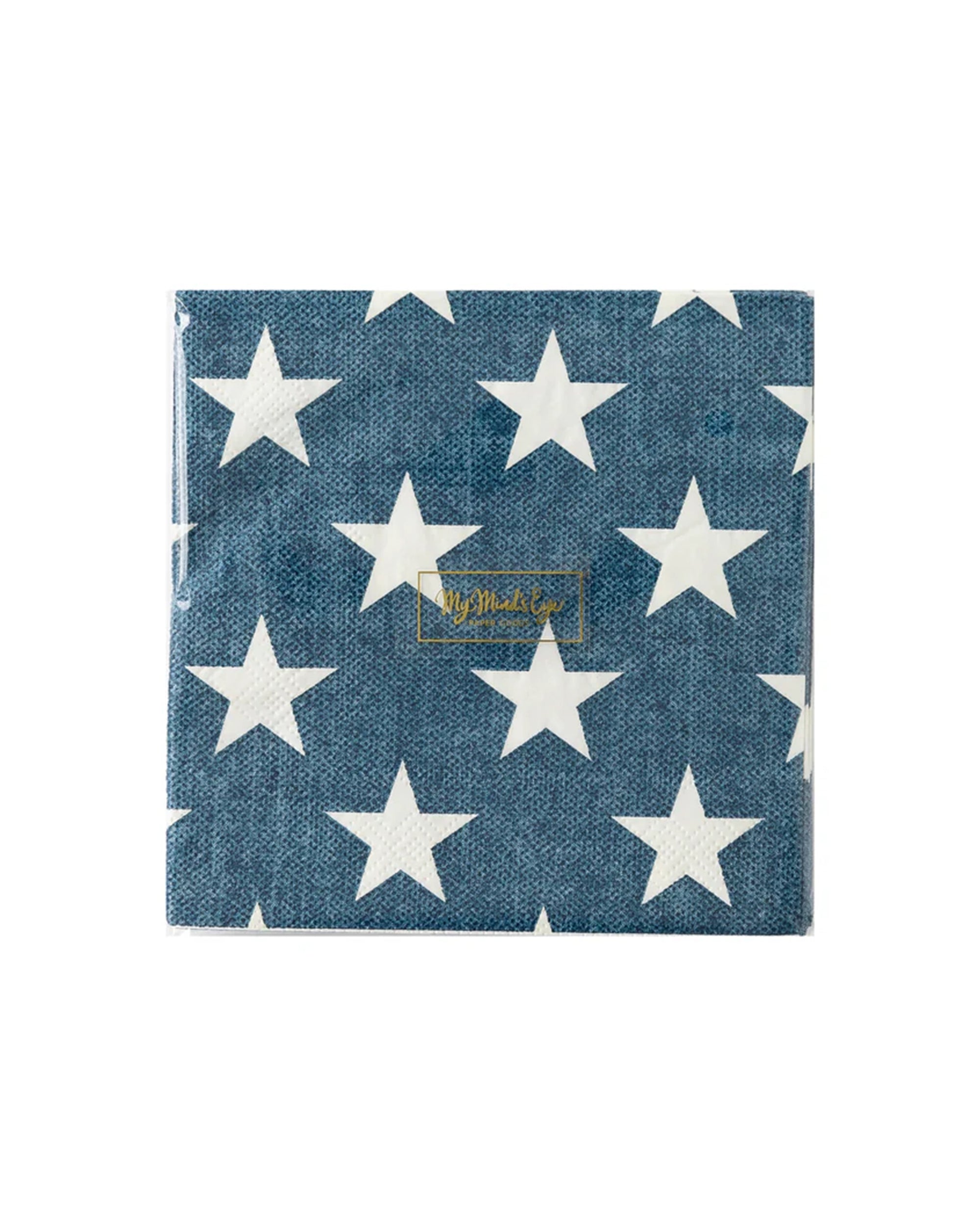The My Mind's Eye Cocktail Paper Napkin features a blue background with large white stars and a small gold rectangular label, making it ideal for summer barbeques or festive holiday gatherings.