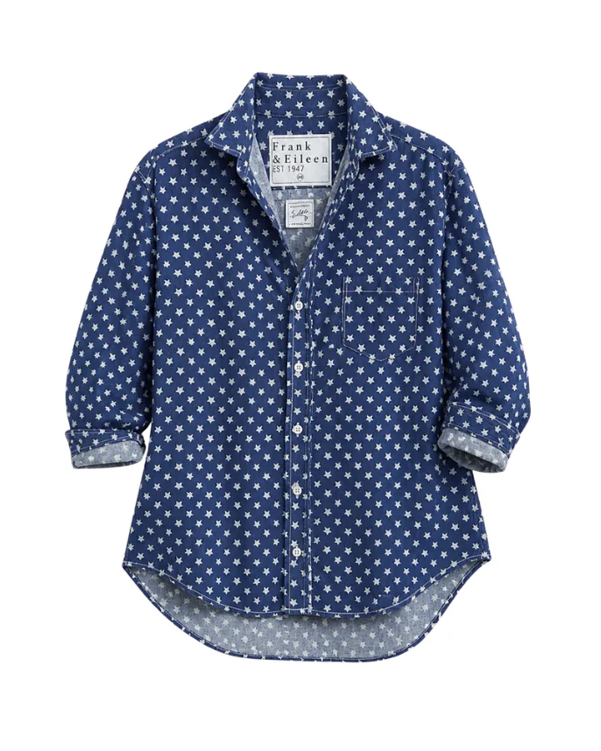 The Frank &amp; Eileen Eileen Shirt '26 is a relaxed-fit, long-sleeve button-down denim shirt with a white star pattern, single chest pocket, and rolled-up sleeves for effortless California style.