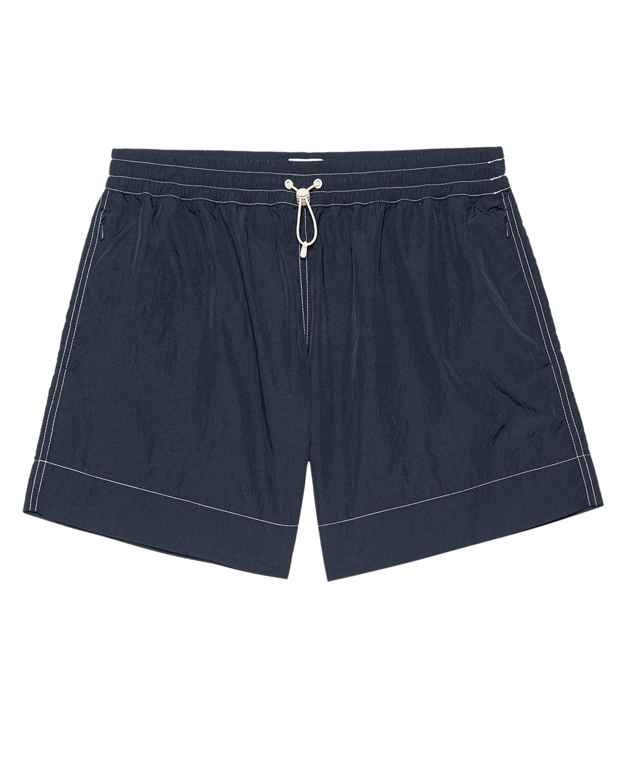 The Rover Short by The Great Inc.: dark navy men’s shorts in durable, lightweight fabric with elastic waistband, white drawstring, and contrast stitching—ideal for transitional weather. Displayed on a plain white background.