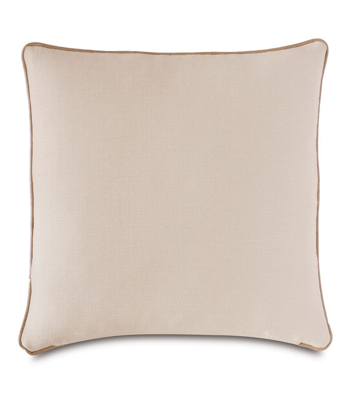 The NAYA DIAMOND WITH SMALL WELT by Eastern Accents is a square beige pillow with subtle brown welting, made from soft geometric diamond fabric, displayed on a plain white background.