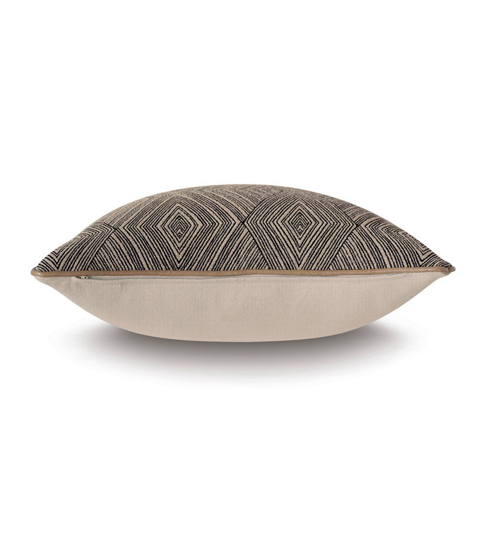 The NAYA DIAMOND WITH SMALL WELT pillow by Eastern Accents features a beige faux leather bottom and a black-and-brown geometric diamond fabric top, shown side view against a white background.