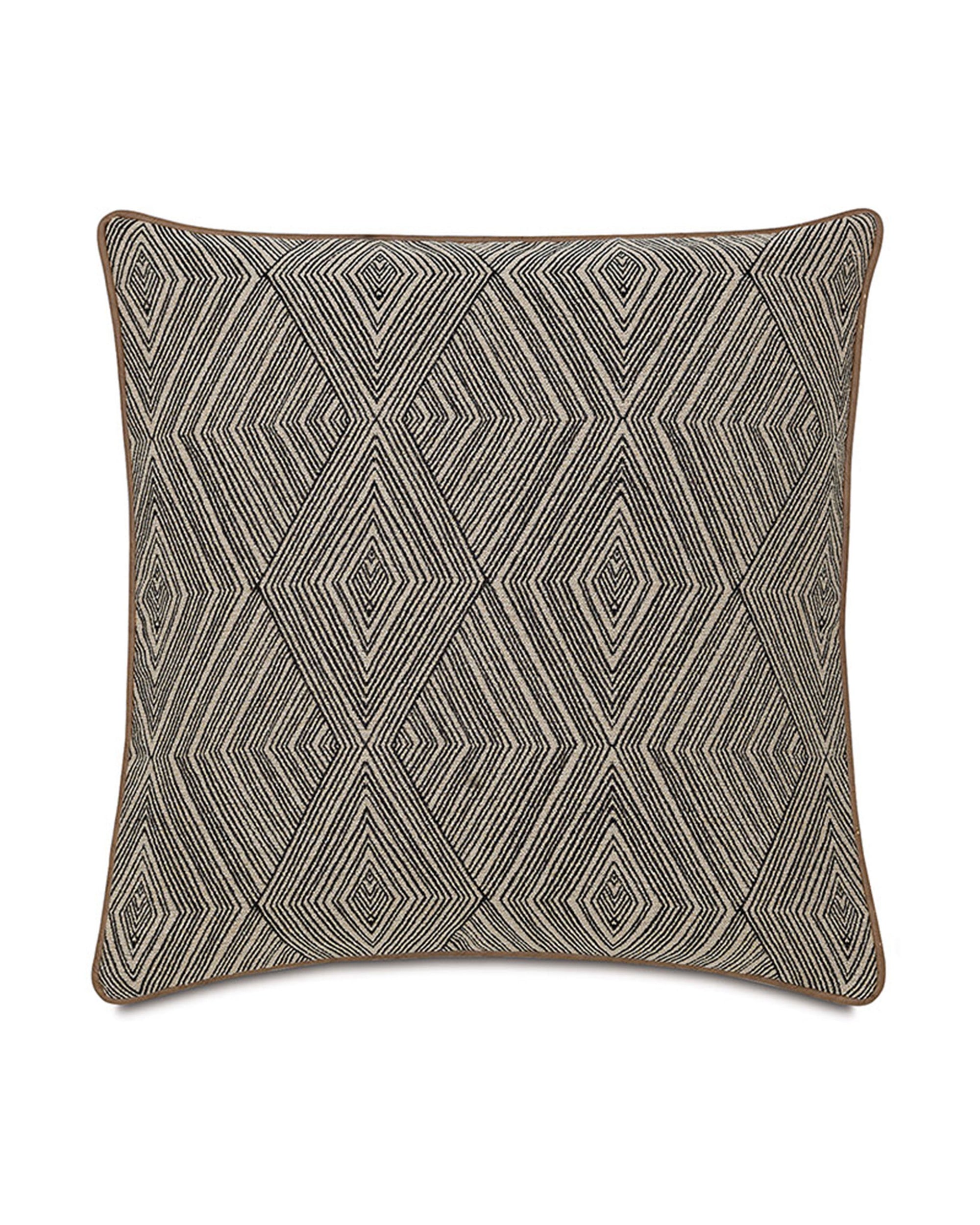 The NAYA DIAMOND WITH SMALL WELT by Eastern Accents is a rectangular pillow in black and beige geometric diamond fabric, featuring slightly rounded edges and brown welted trim.