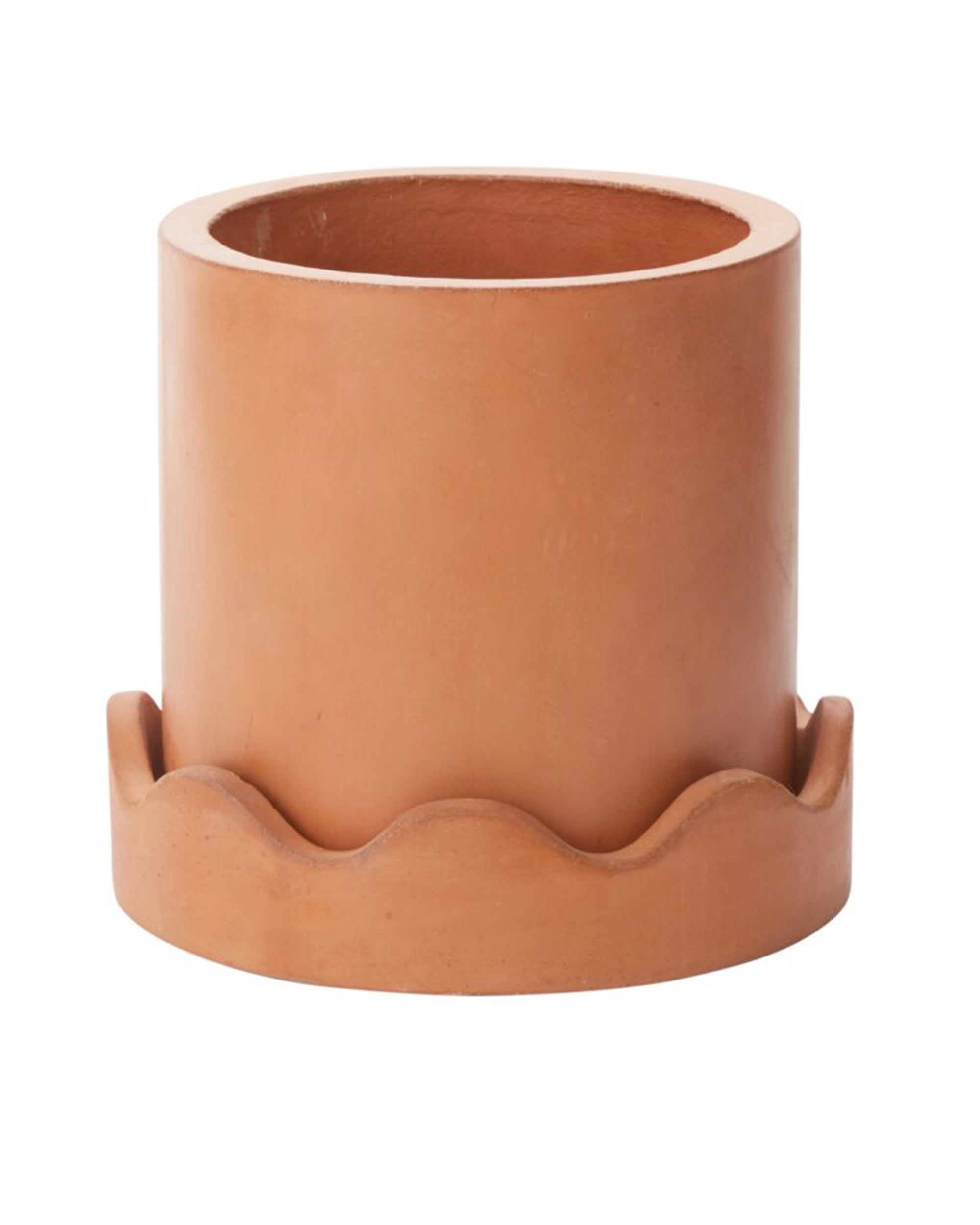 The Accent Decor 96925 Neda Pot 12" is a cylindrical terracotta outdoor planter with a drainage hole and matching wavy-edged saucer, shown against a white background.