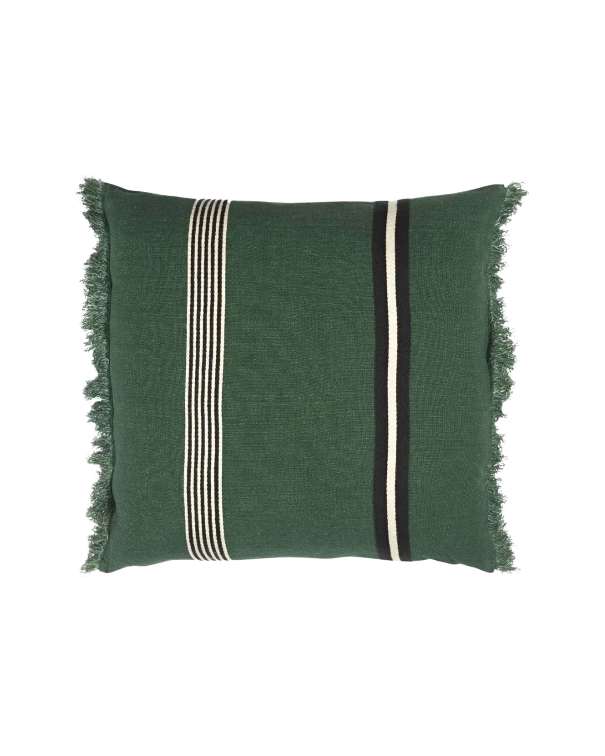 Green linen pillow with fringe and two stripes, by Libeco Home. Nell Pillow cover, perfect for living room decor.