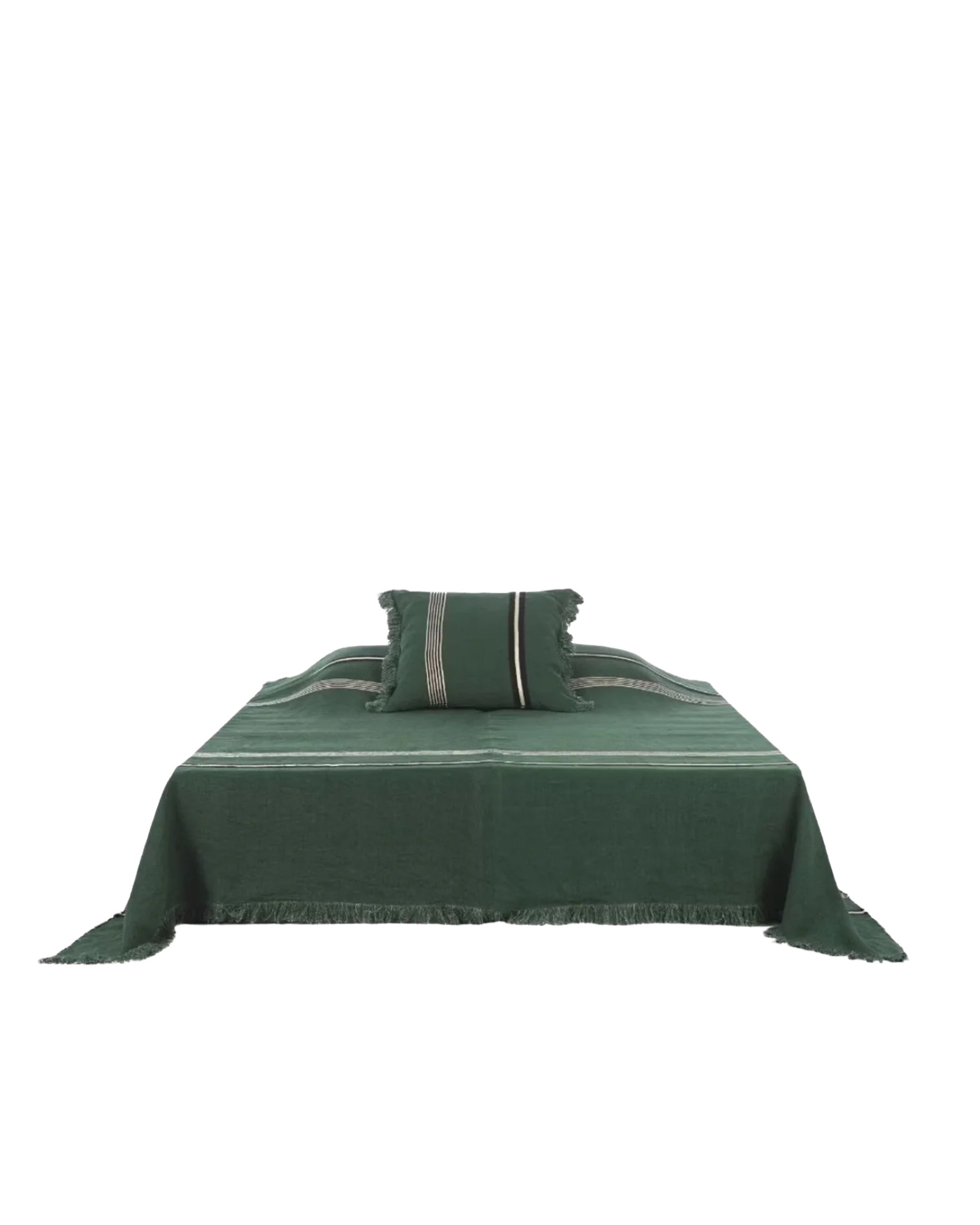 Dark green Belgian linen coverlet with light stripes by Libeco Home, minimalist bedding for bedroom decor.