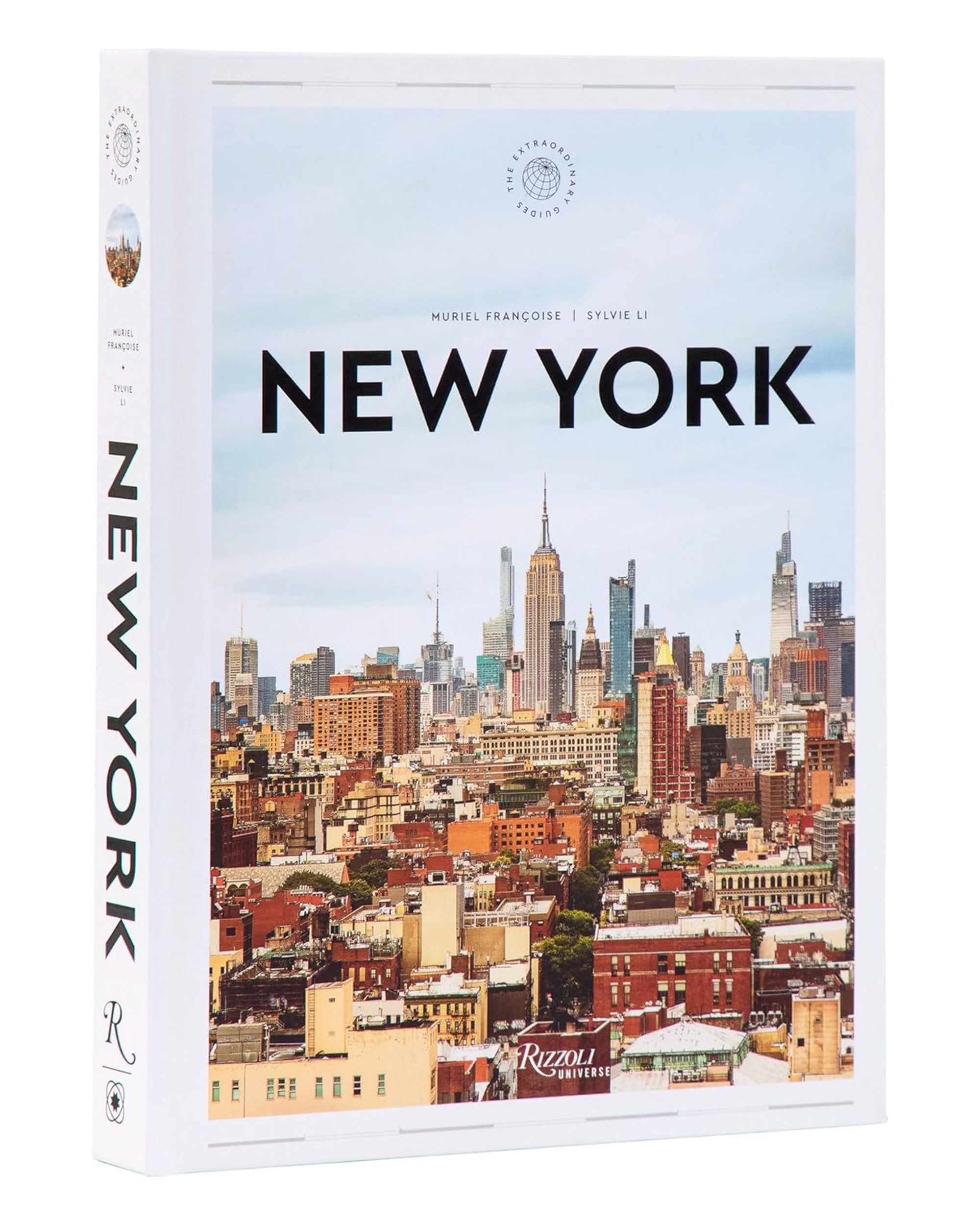 The book "New York Extraordinar" by Random House showcases the NYC skyline, including the Empire State Building, and explores top New York neighborhoods. The authors' names appear above the title on the cover.