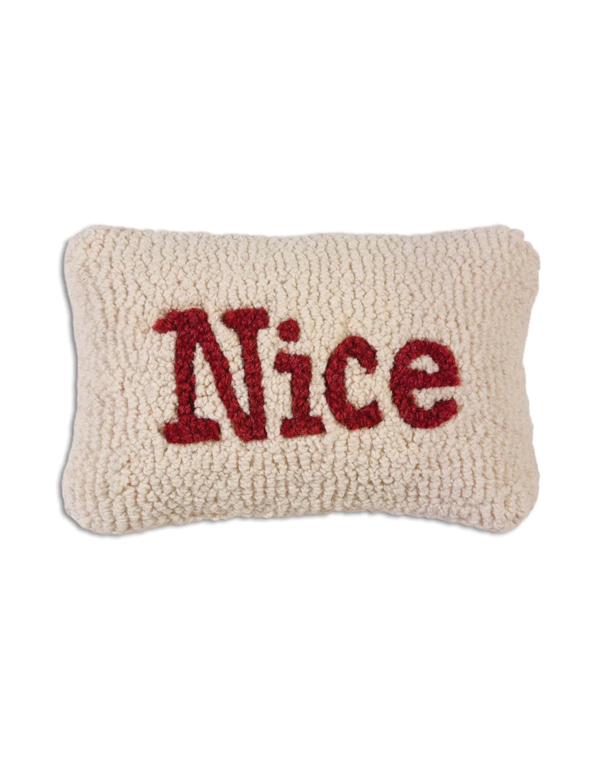 The Faire Christmas Mini Pillows feature a rectangular, cream-colored hand hooked wool design with "Nice" in large red letters—ideal festive decor for the holidays and shown against a white background.