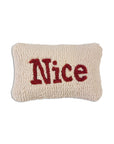 The Faire Christmas Mini Pillows feature a rectangular, cream-colored hand hooked wool design with "Nice" in large red letters—ideal festive decor for the holidays and shown against a white background.