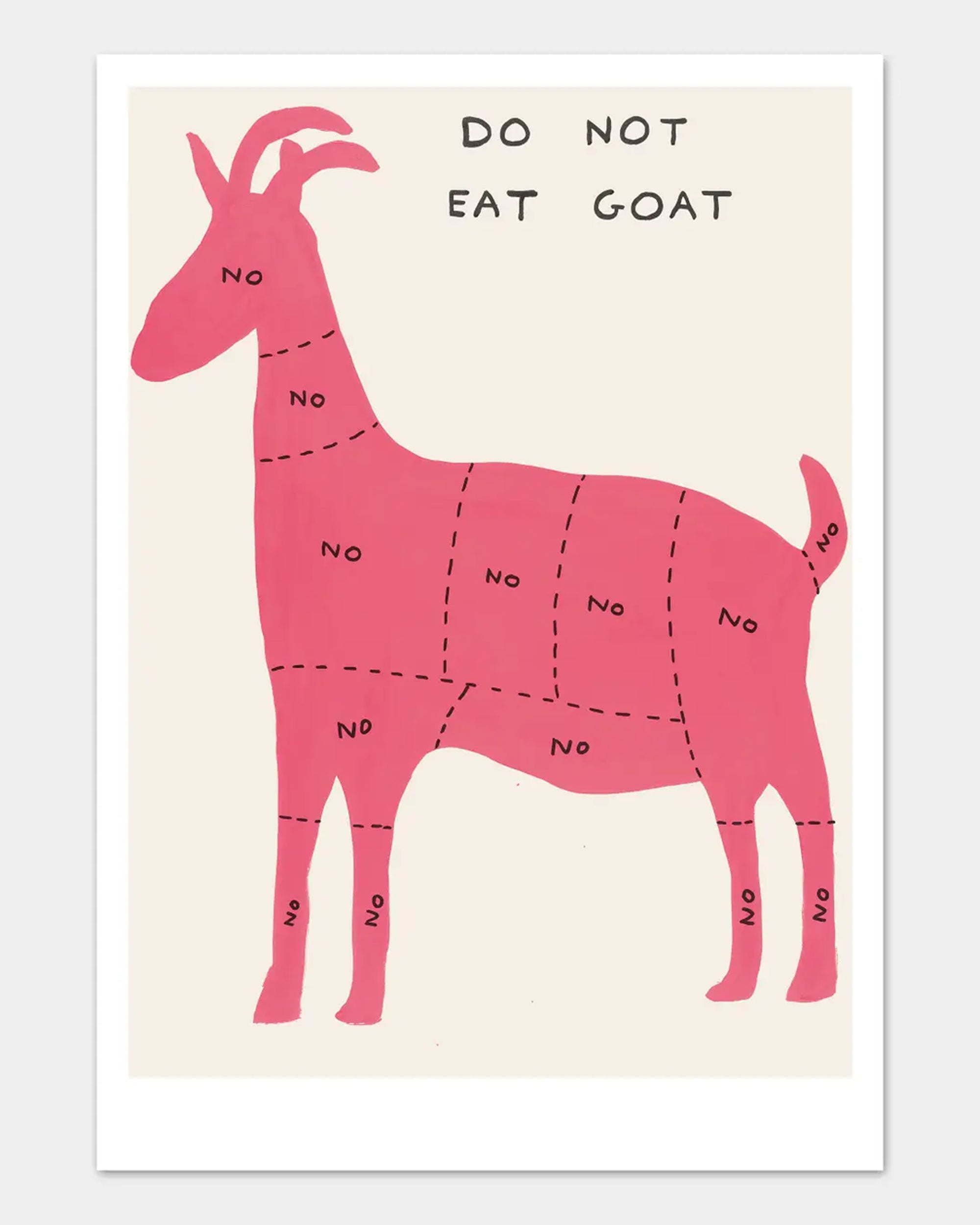 The Faire "Do Not Eat Goat" art postcard shows a pink goat divided into meat-style sections labeled "No," with bold text above saying "DO NOT EAT GOAT" on an off-white background—ideal for fans of irreverent, Shrigley-inspired humor.