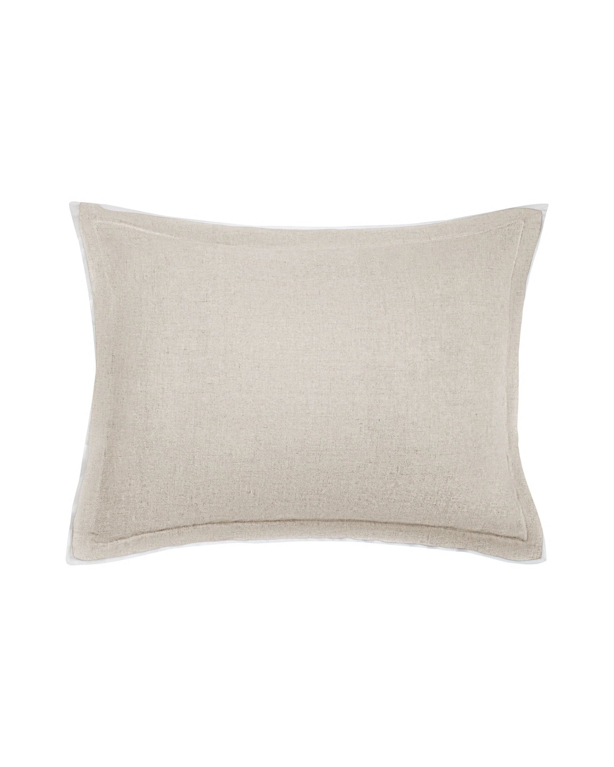 The Avasa Bedding Nolan Natural King Sham is a rectangular beige pillow made from Belgian flax linen with a subtle woven texture and stitched border, shown on a white background.
